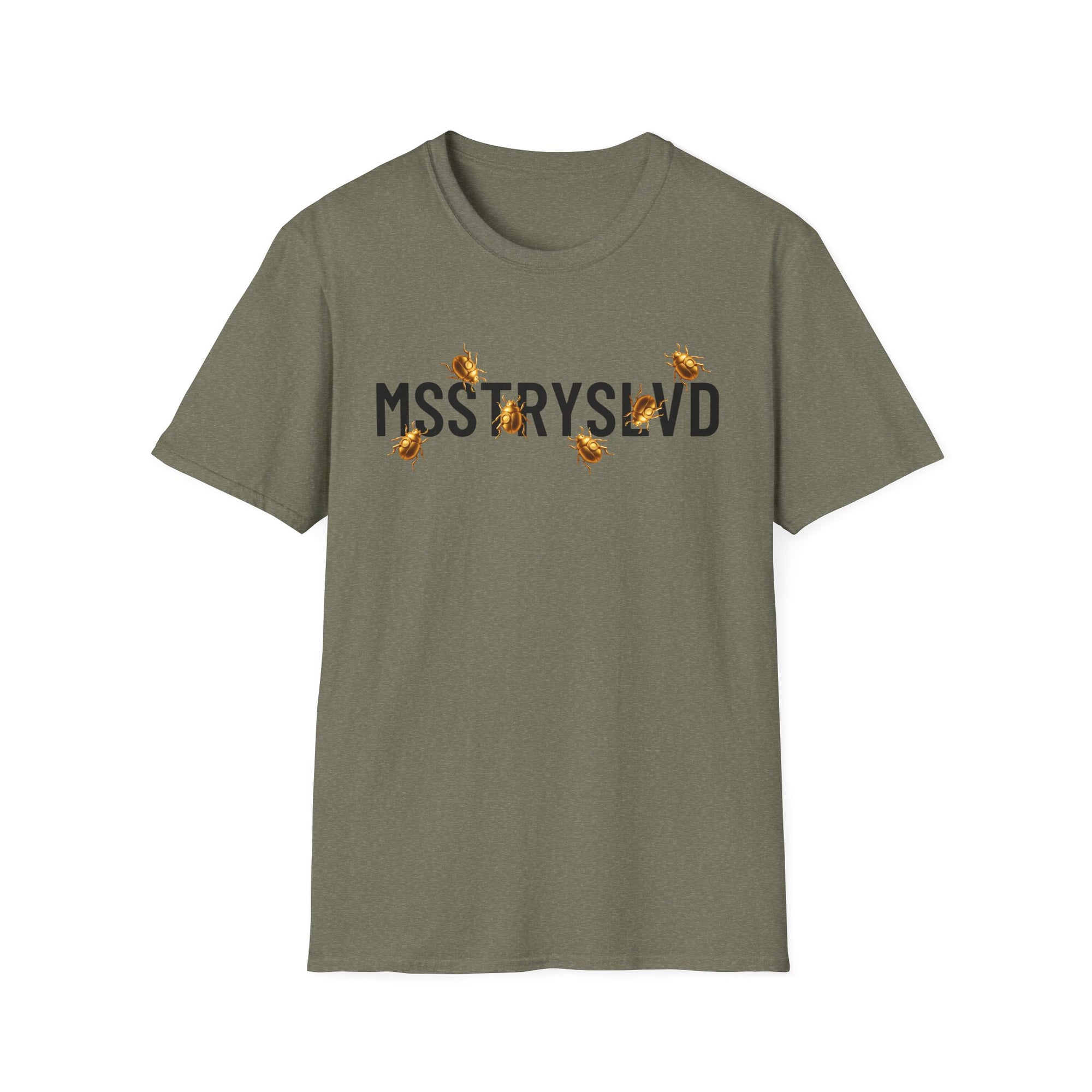 MSSTRYSLVD Golden Beetle T-Shirt – Graphic Tee, Aesthetic Mystery Shirt, Bold Typography Unisex Top, Cryptic Insect Design