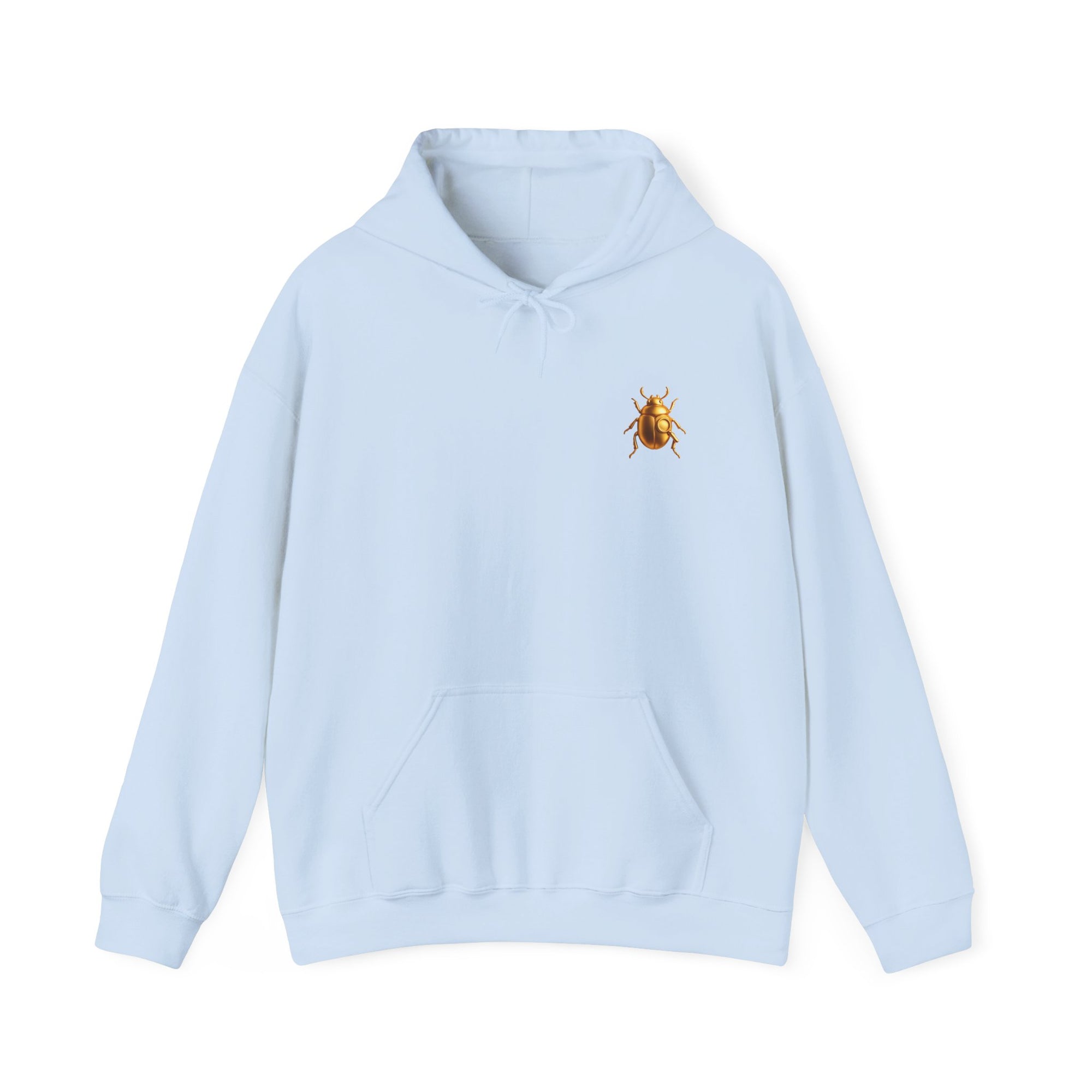 Gold Scarab Beetle Hoodie – Futuristic Steampunk Insect | Unisex Heavy Blend Hooded Sweatshirt Front and Back Graphic