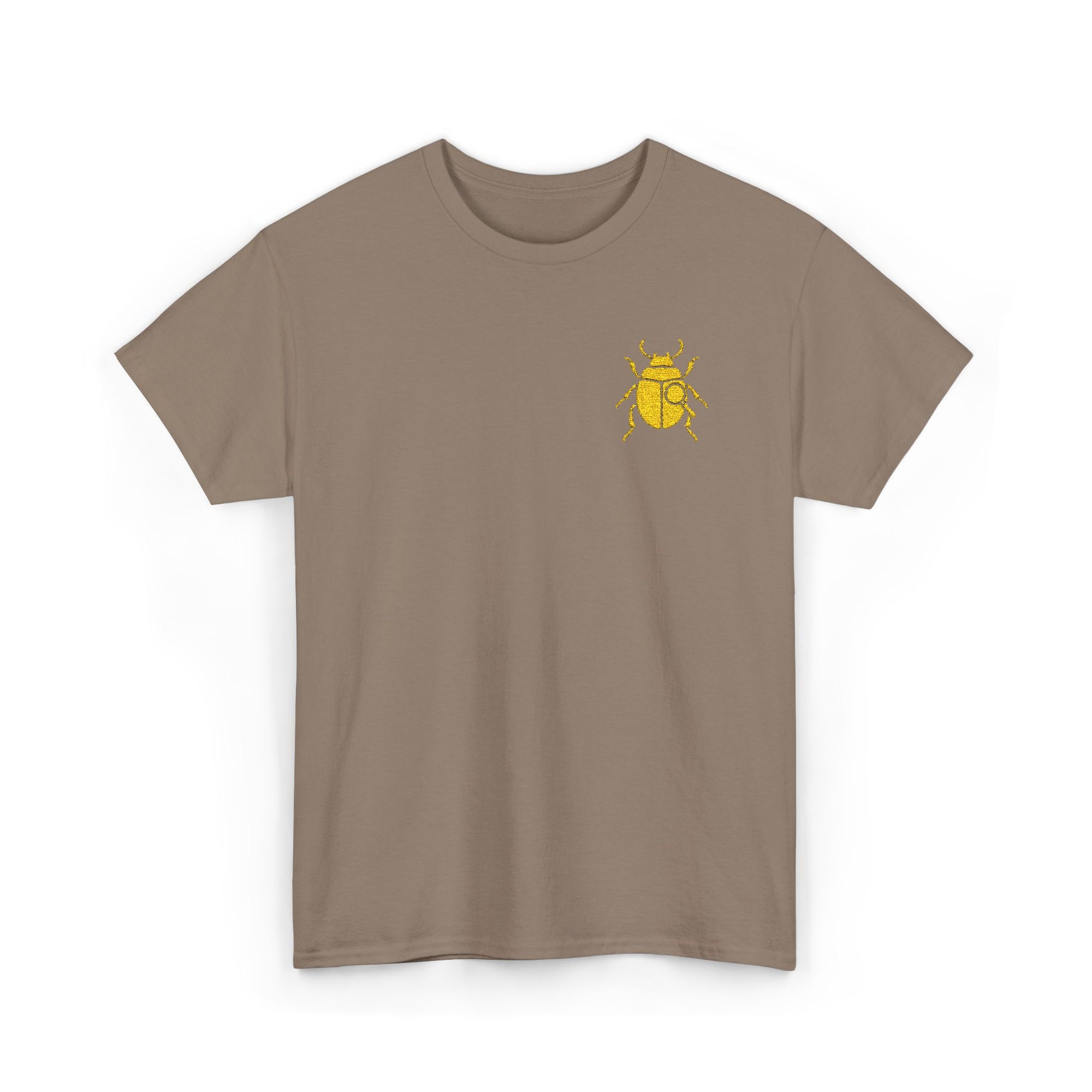 Gold Scarab Beetle Embroidered T-Shirt – Steampunk Insect Design, Unique Golden Bug Cotton Tee for Men & Women