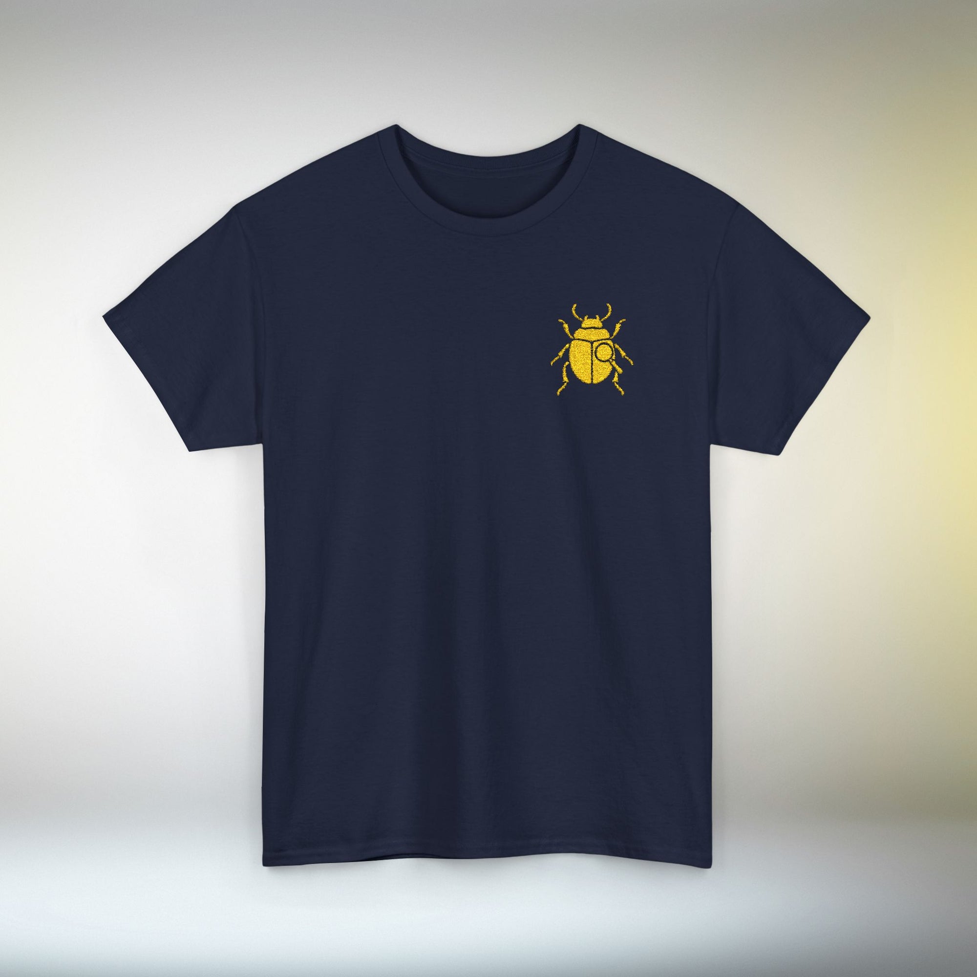 Gold Scarab Beetle Embroidered T-Shirt – Steampunk Insect Design, Unique Golden Bug Cotton Tee for Men & Women