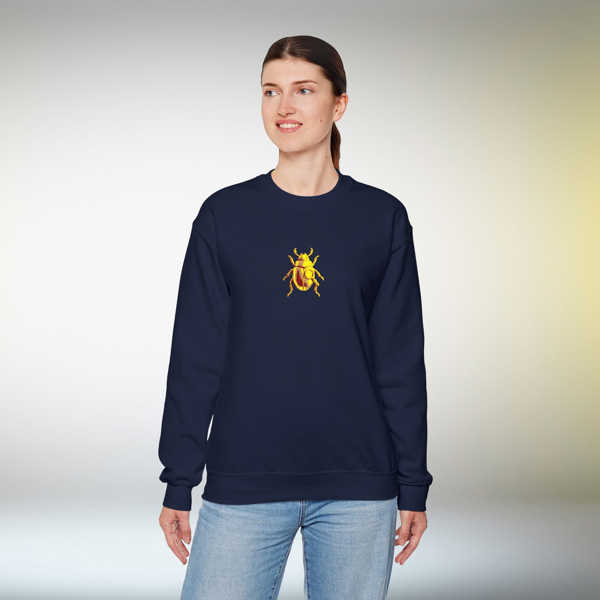 Embroidered Golden Beetle Sweatshirt | Minimal Mystery Insect Design | Unisex Long Sleeve Crewneck | Retro Aesthetic Streetwear