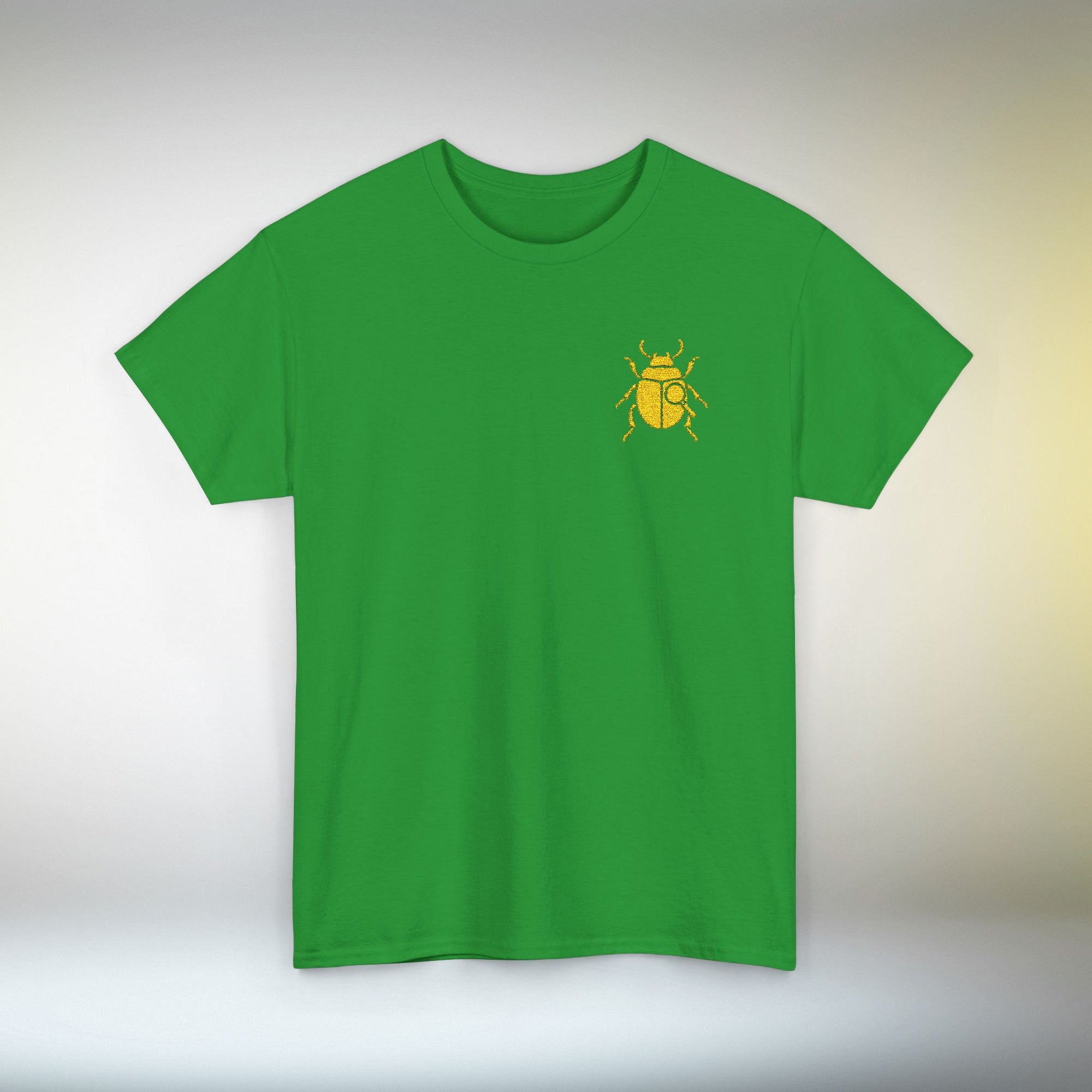 Gold Scarab Beetle Embroidered T-Shirt – Steampunk Insect Design, Unique Golden Bug Cotton Tee for Men & Women