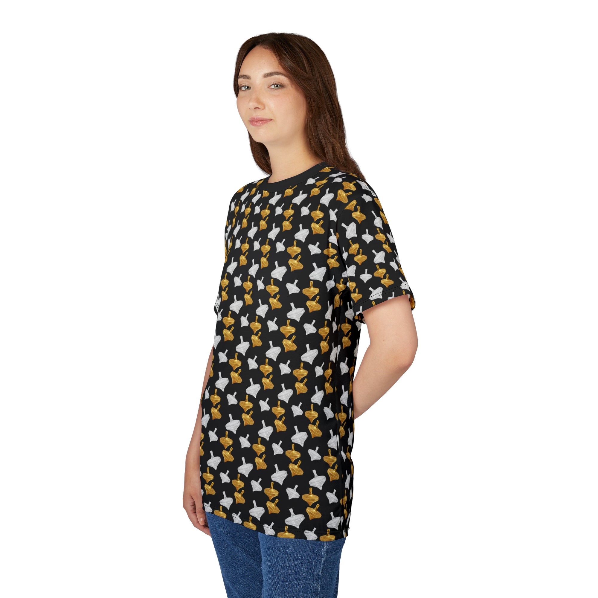Gold Spinning Top Pattern T-Shirt – All Over Print Designer Tee | Modern Minimalist Unisex Streetwear
