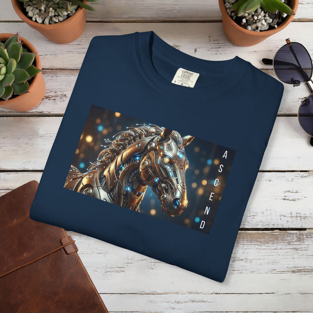 ASCEND Cyber Horse T-Shirt | Futuristic Steampunk Mechanical Animal Graphic Tee, Sci-Fi Streetwear Unisex
