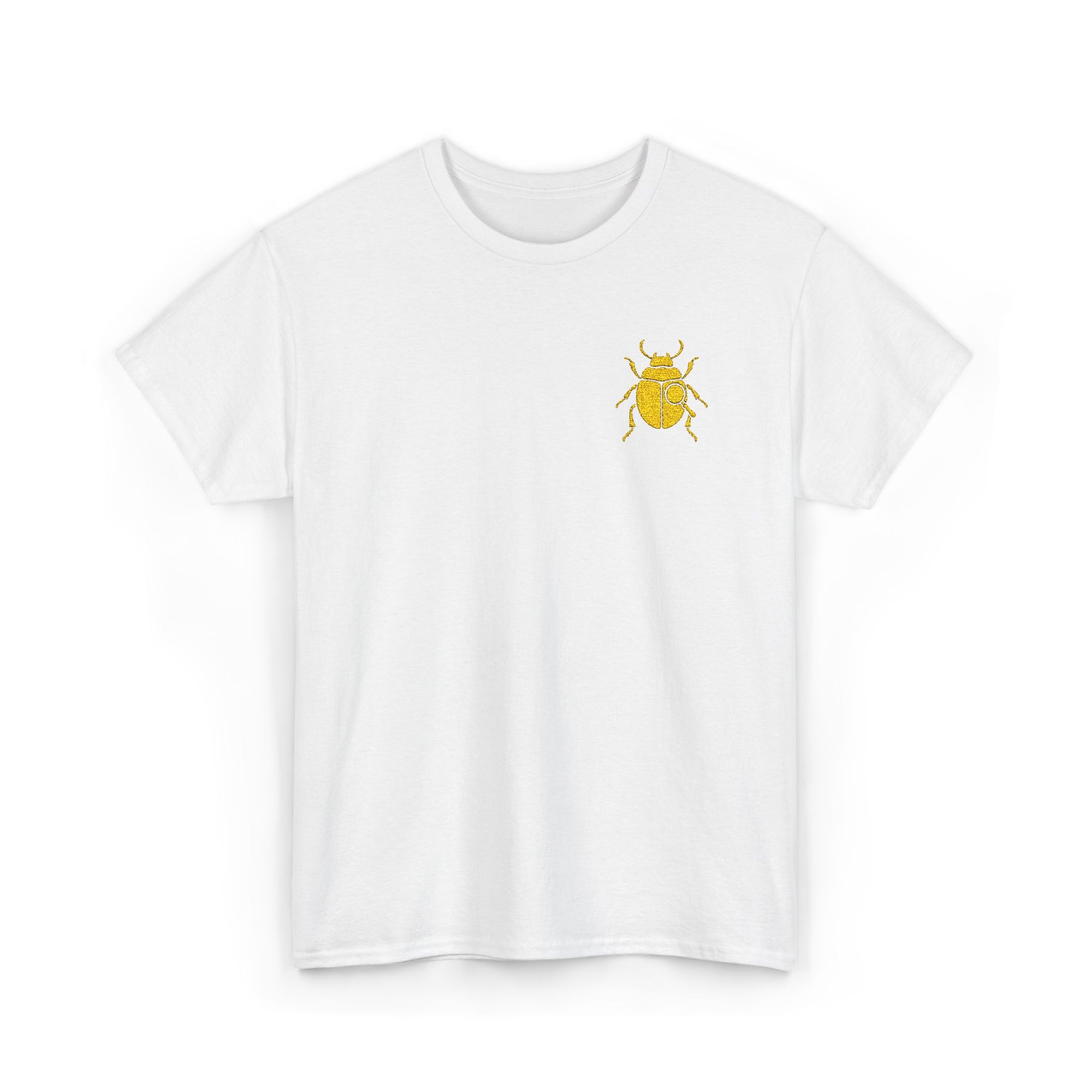Gold Scarab Beetle Embroidered T-Shirt – Steampunk Insect Design, Unique Golden Bug Cotton Tee for Men & Women
