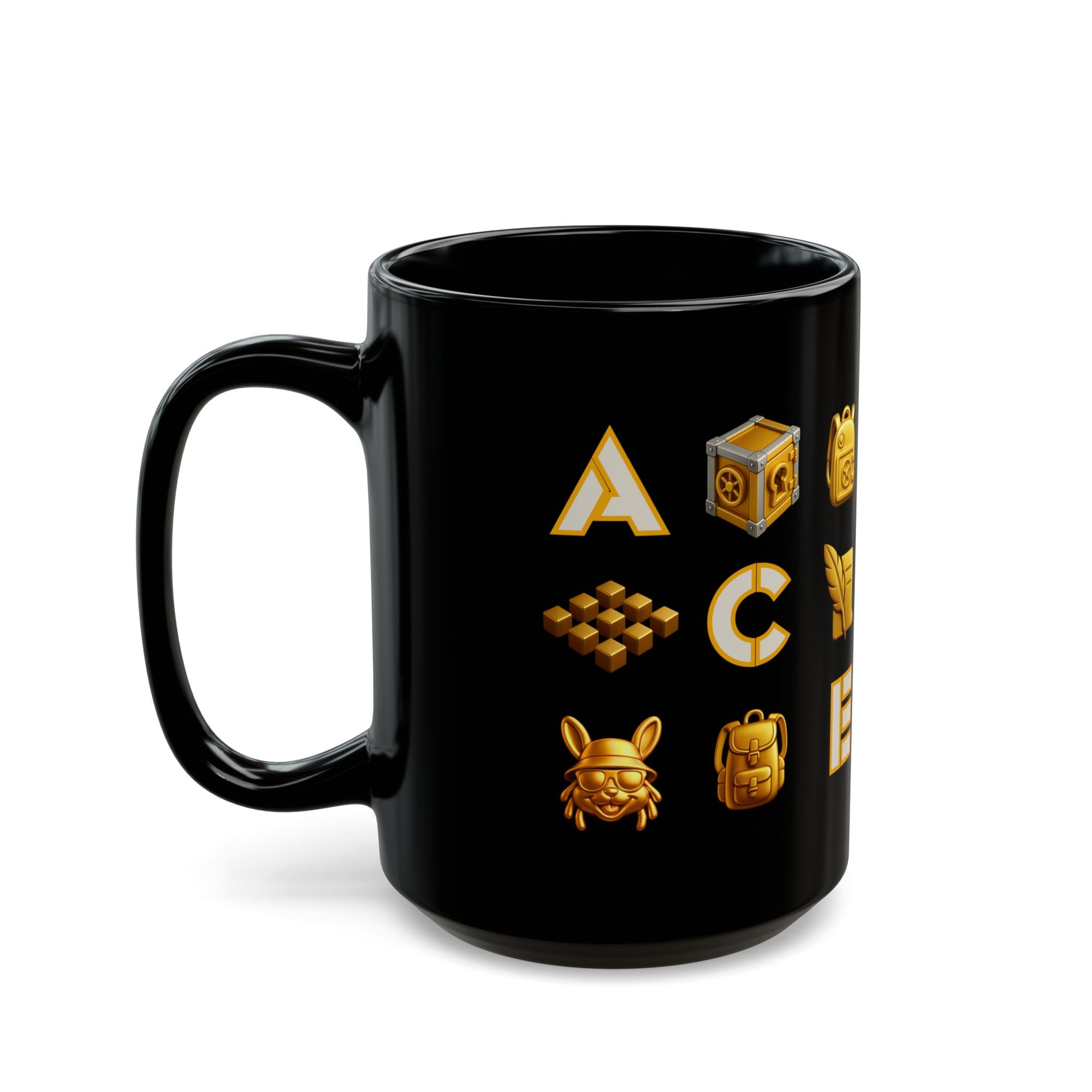 ACE Black Mug Golden Vault Game Symbols, Retro Gamer Puzzle Graphic Coffee Cup