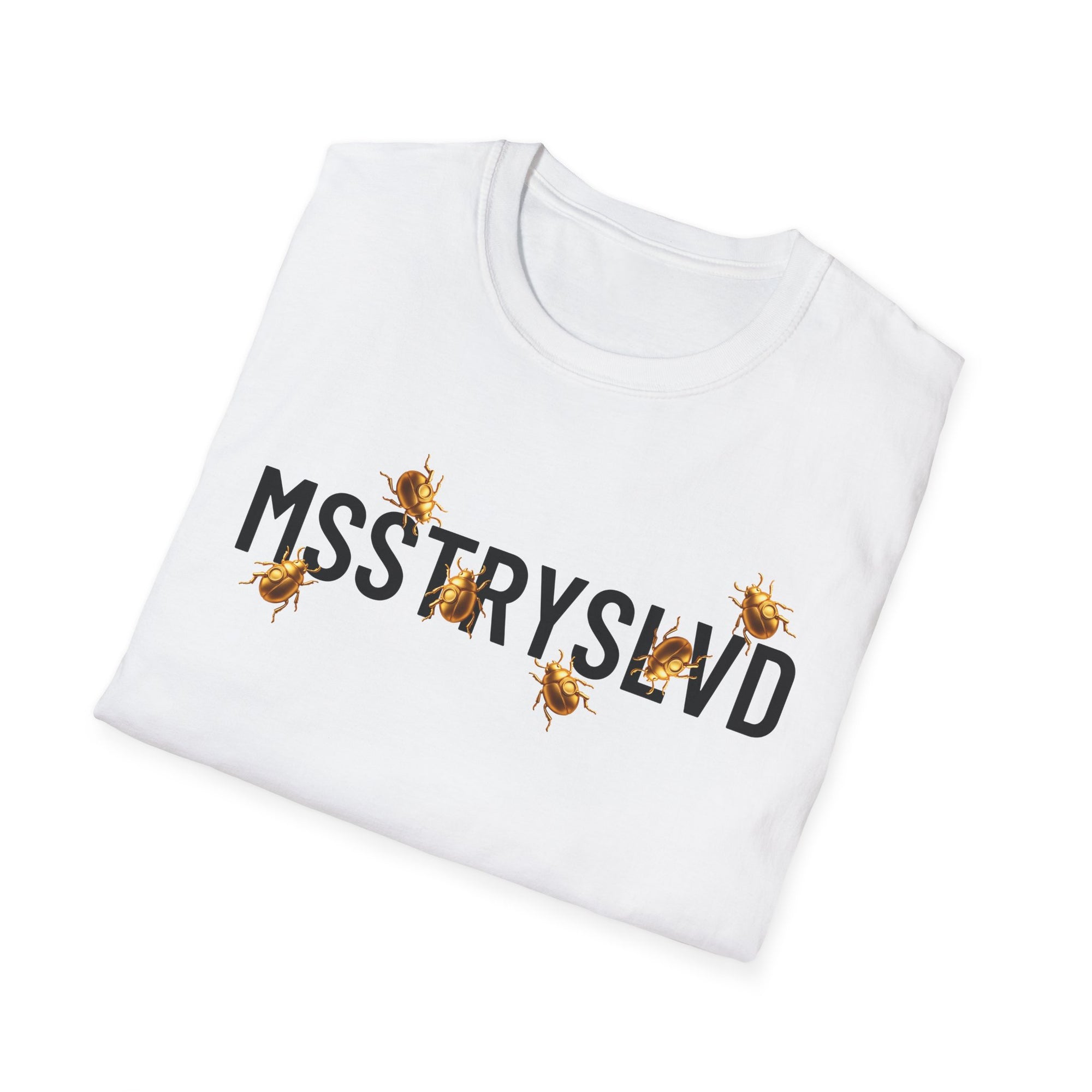 MSSTRYSLVD Golden Beetle T-Shirt – Graphic Tee, Aesthetic Mystery Shirt, Bold Typography Unisex Top, Cryptic Insect Design