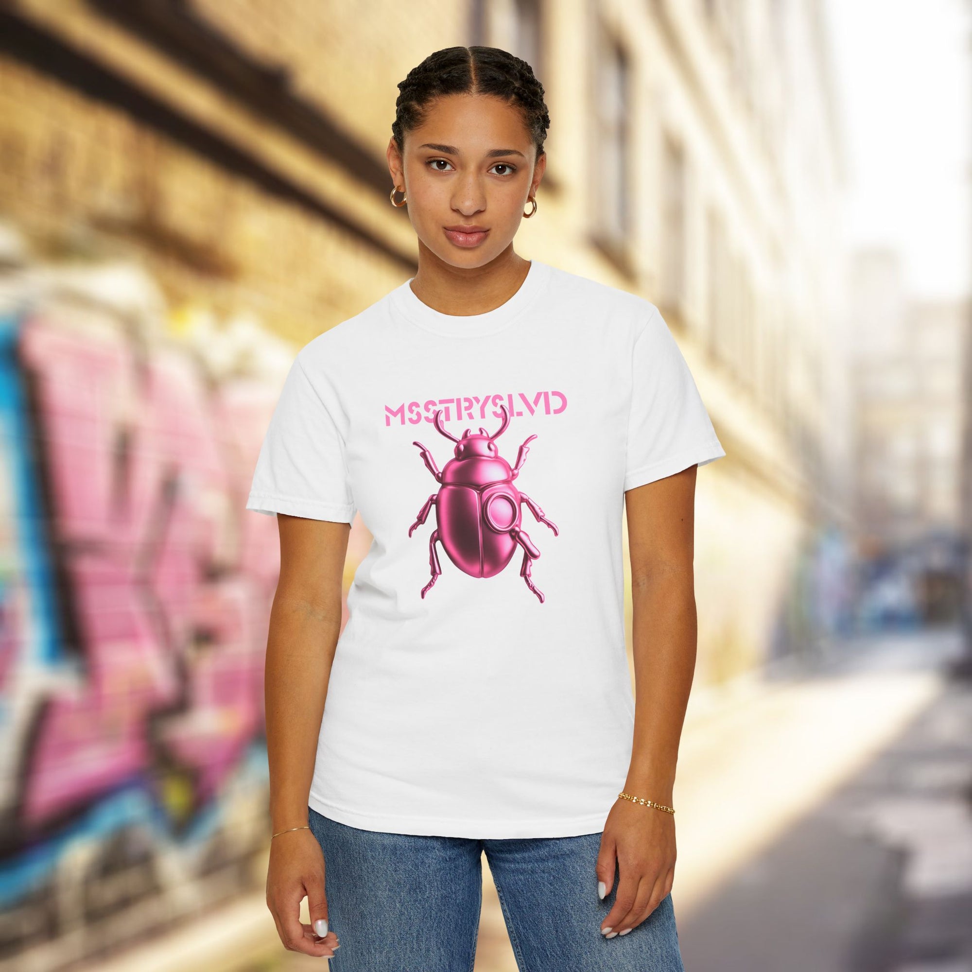 Cyber Beetle Graphic T-Shirt – Futuristic Insect Streetwear Tee, Neon Pink Bug Design Techwear Top For Men & Women