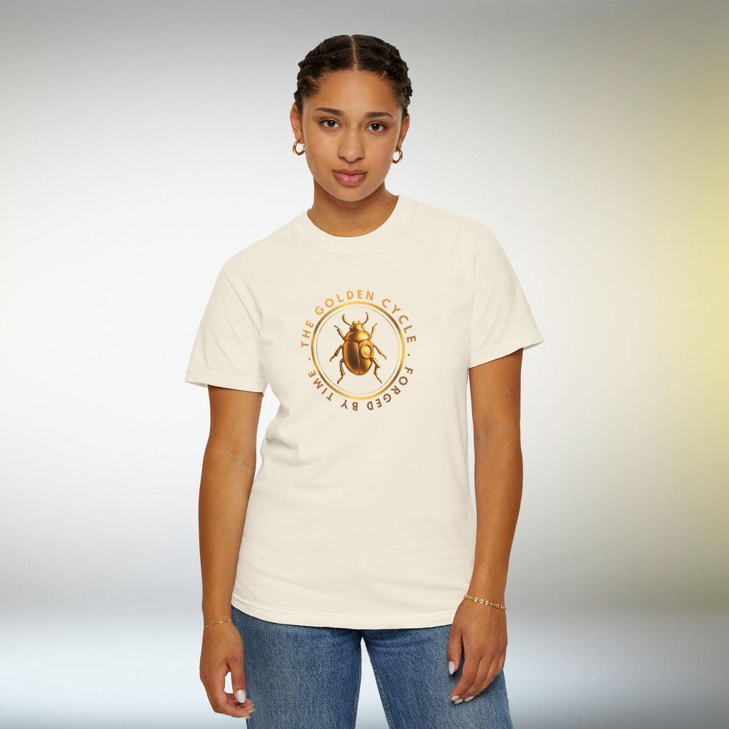 Golden Beetle T Shirt Minimal Emblem | The Golden Cycle Tee | Luxury Scarab Symbol Shirt | Slogan Unisex Graphic T-Shirt