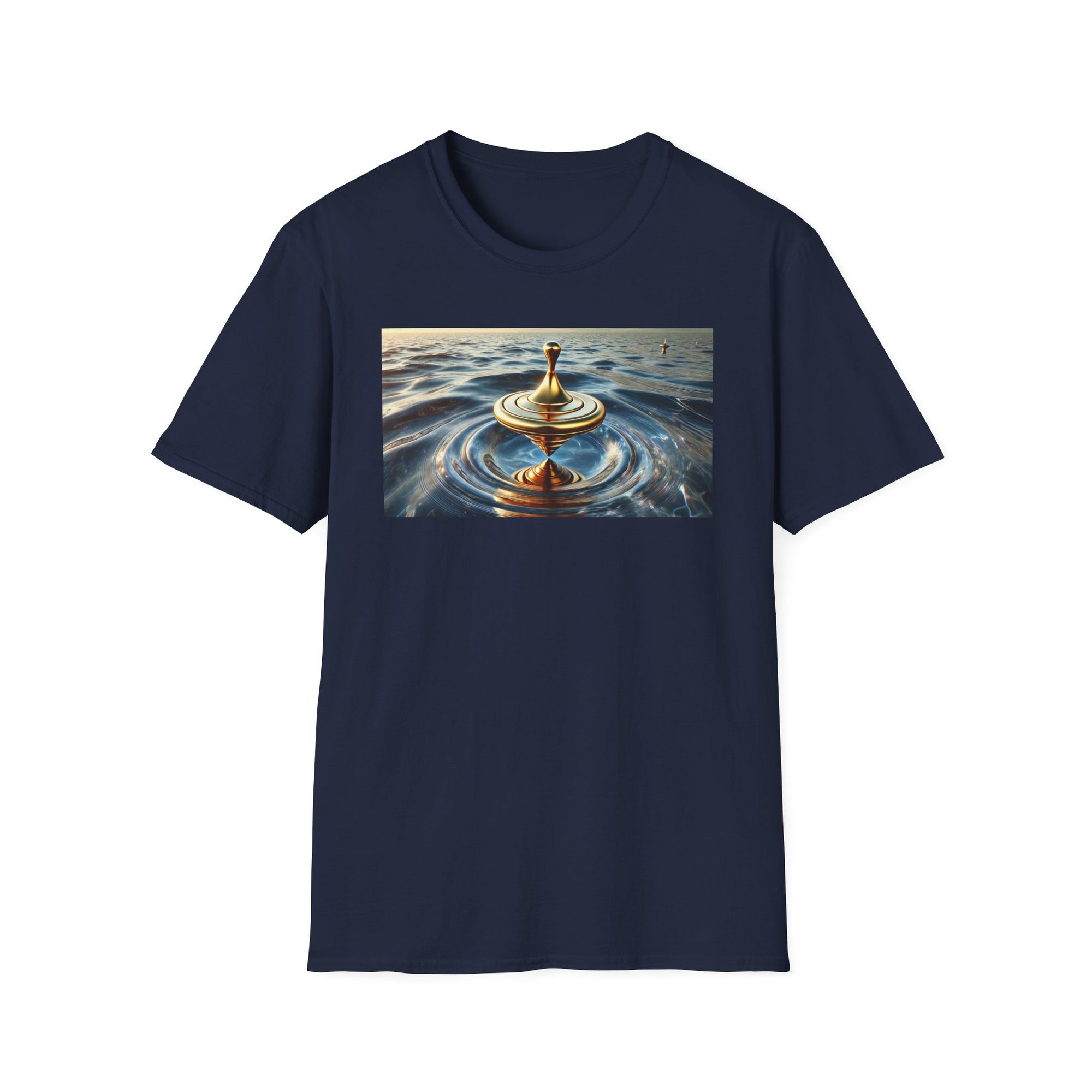 Golden Balance T-Shirt – Surreal Spinning Top Over Water | Reflective Zen Aesthetic Tee