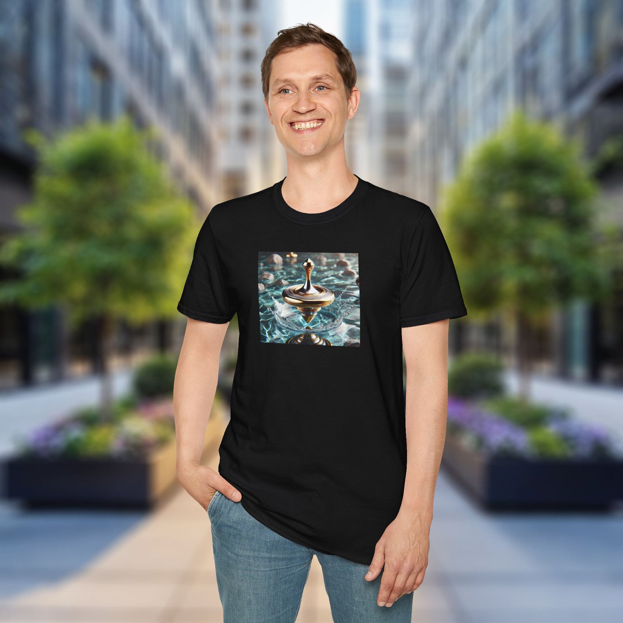 Golden Motion T-Shirt – Lux Surreal Spinning Top Art | Balance & Brilliance Graphic Tee