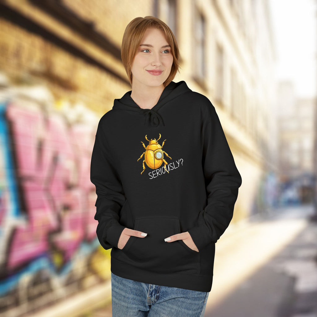 Funny Golden Beetle Hoodie “Seriously?” Quote Graphic Pullover Humor Streetwear