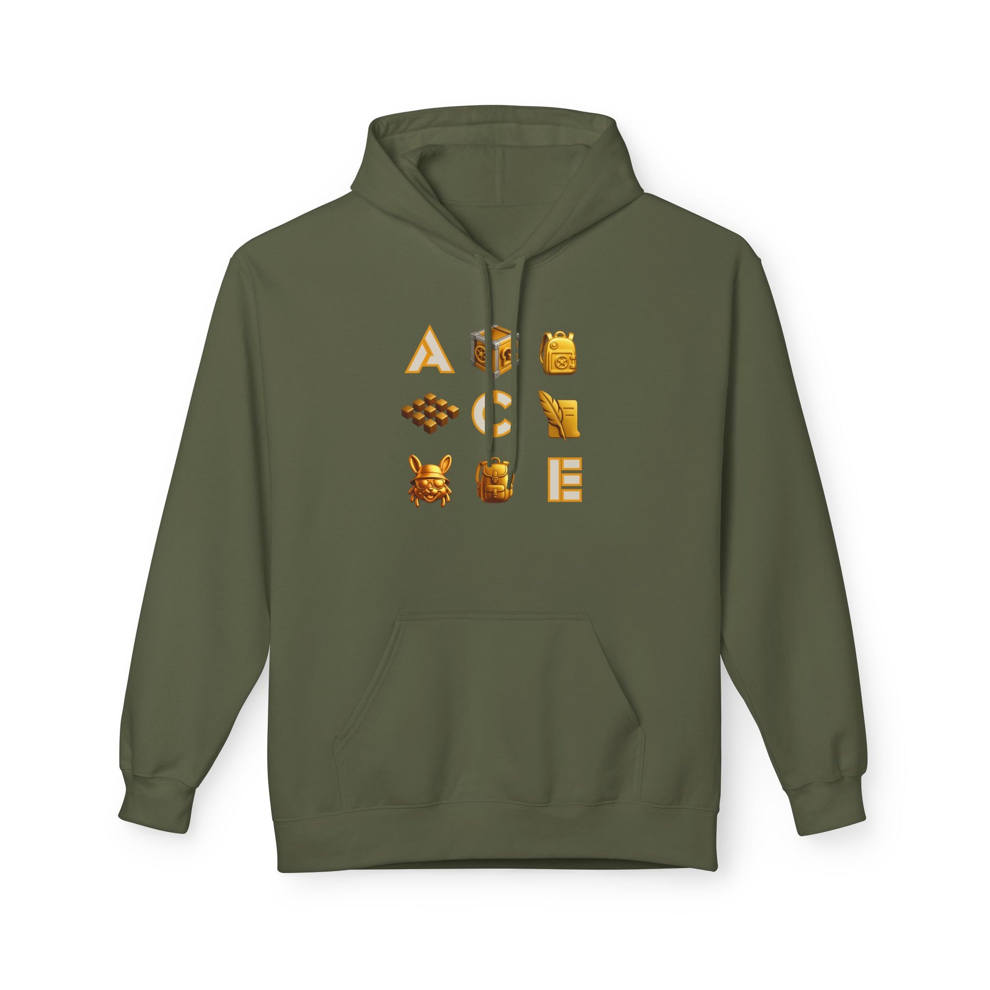 ACE Icon Hoodie – Golden Vault Game Symbols, Retro Gamer Puzzle Graphic Hoodie