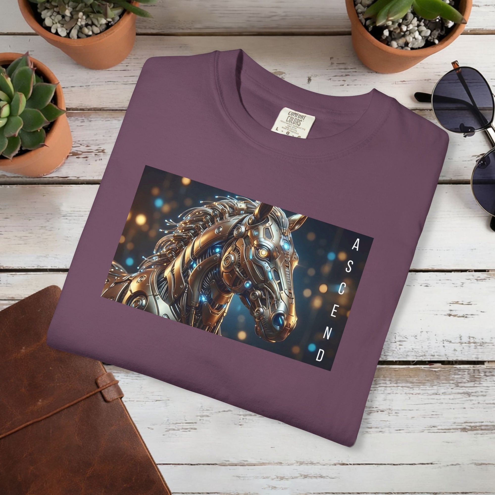 ASCEND Cyber Horse T-Shirt | Futuristic Steampunk Mechanical Animal Graphic Tee, Sci-Fi Streetwear Unisex