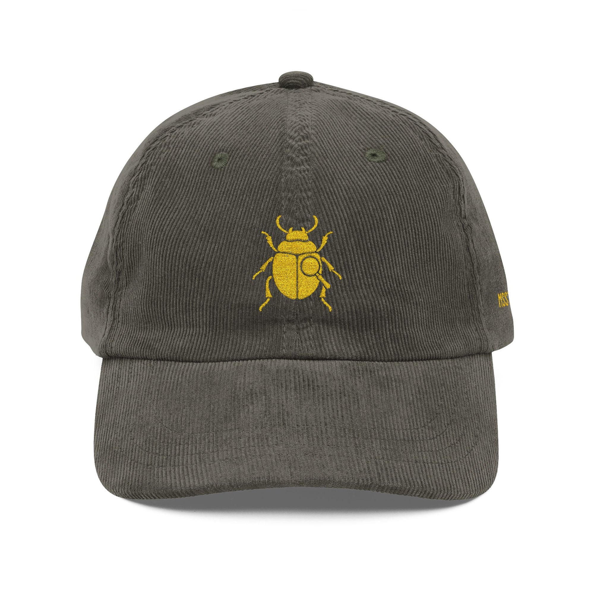 Vintage Corduroy Cap with Gold Beetle Embroidery – Retro Bug Design, Cool Streetwear Golden Insect Aesthetic Cap