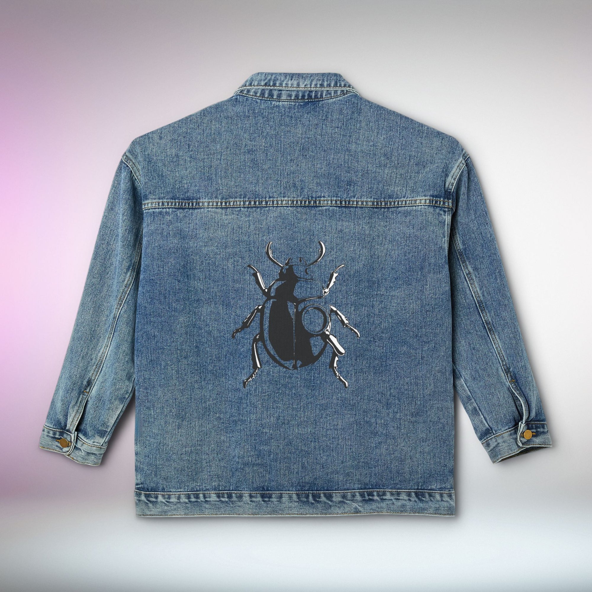 Women Beetle Back Denim Jacket For Her | Graphic Insect Art Jean Jacket | Unisex Statement Outerwear | Mystery Bold Aesthetic Streetwear