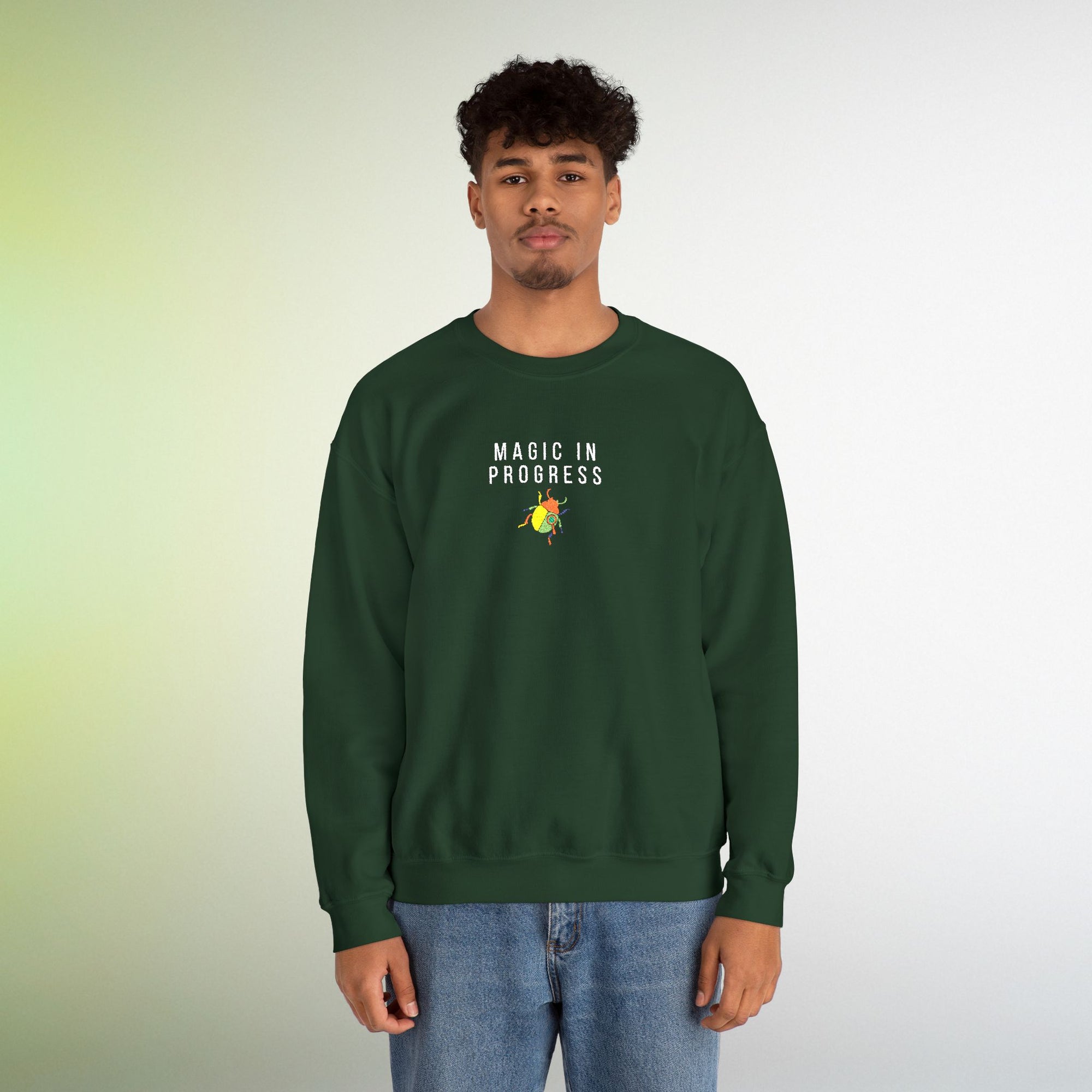 Magic in Progress Embroidered Sweatshirt | Minimal Motivational Crewneck, Premium Unisex Embroidery, Cozy Everyday Wear