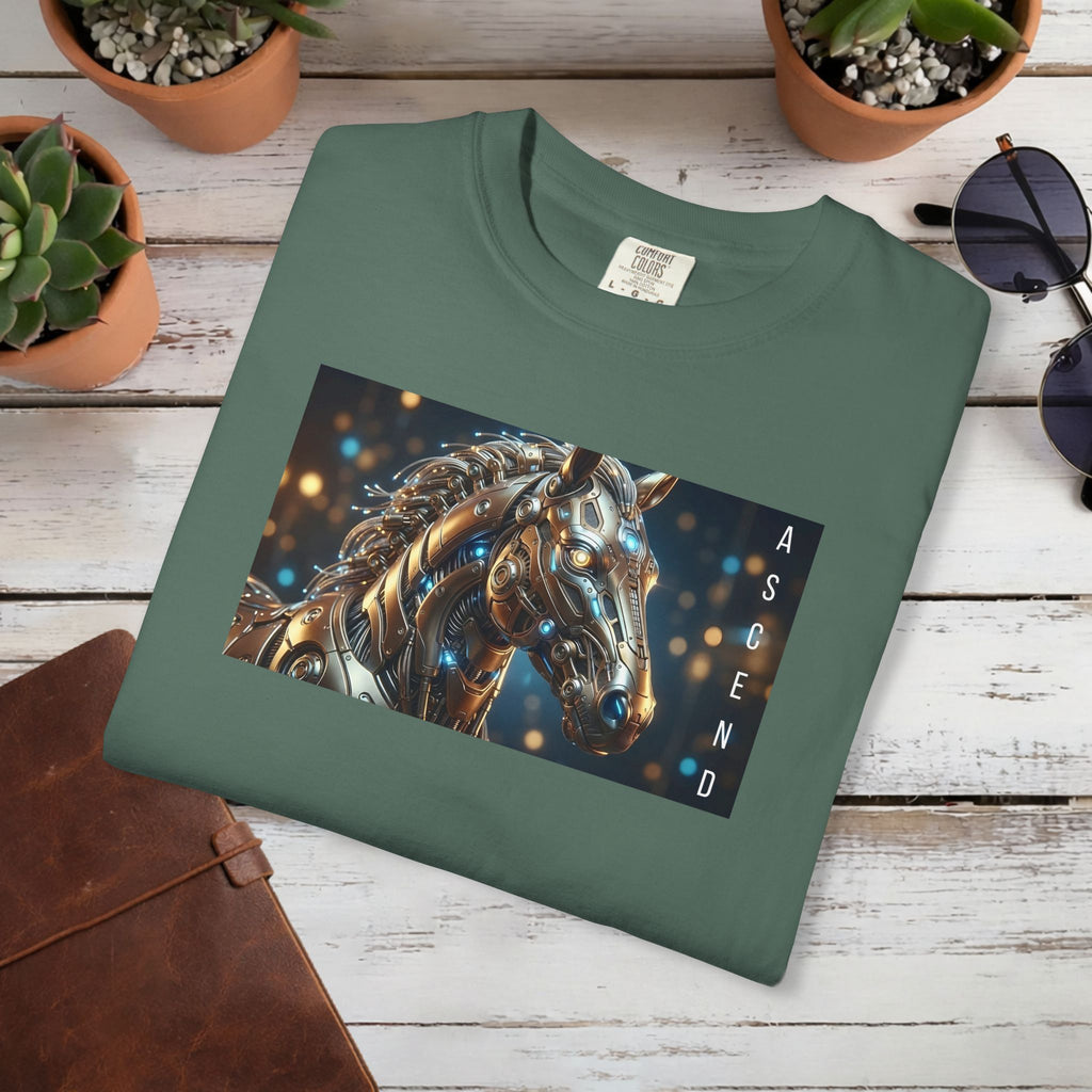ASCEND Cyber Horse T-Shirt | Futuristic Steampunk Mechanical Animal Graphic Tee, Sci-Fi Streetwear Unisex