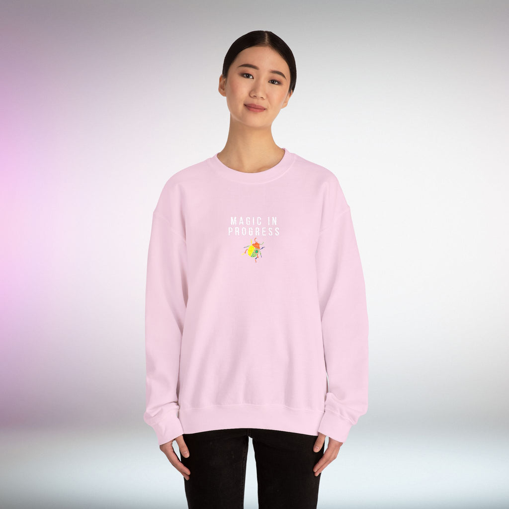 Magic in Progress Embroidered Sweatshirt | Minimal Motivational Crewneck, Premium Unisex Embroidery, Cozy Everyday Wear