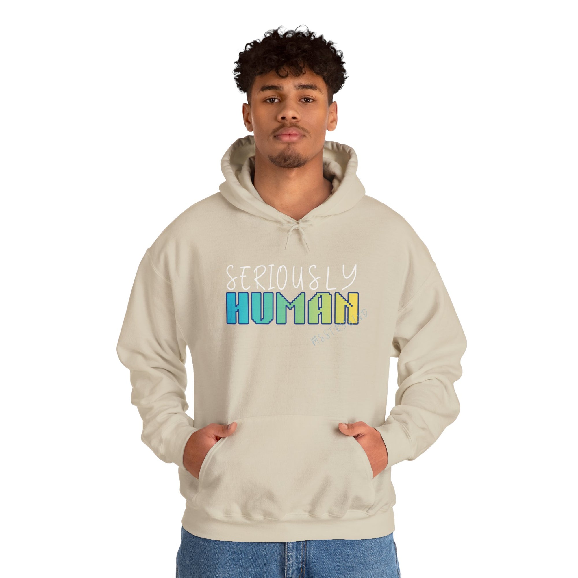 Embroidered 'Seriously Human' Heavy Blend™ Hooded Sweatshirt Quote Retro Pixel
