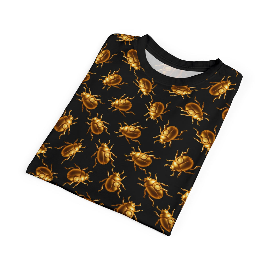 Golden Beetle T-Shirt II – Scarab Pattern Tee, Bold Full Graphic Shirt, Streetwear Unisex Cut & Sew Tee