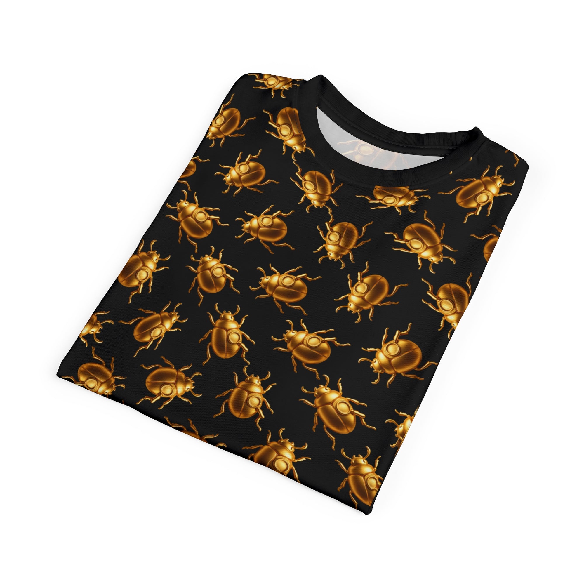 Golden Beetle T-Shirt II – Scarab Pattern Tee, Bold Full Graphic Shirt, Streetwear Unisex Cut & Sew Tee