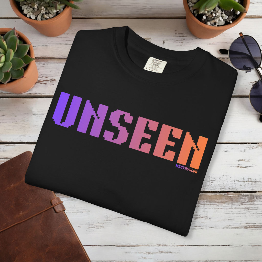 UNSEEN Graphic T Shirt Aesthetic Streetwear Tee, Retro Pixel Unisex Minimal Typography Statement Shirt, Travel Pastel Fashion Top