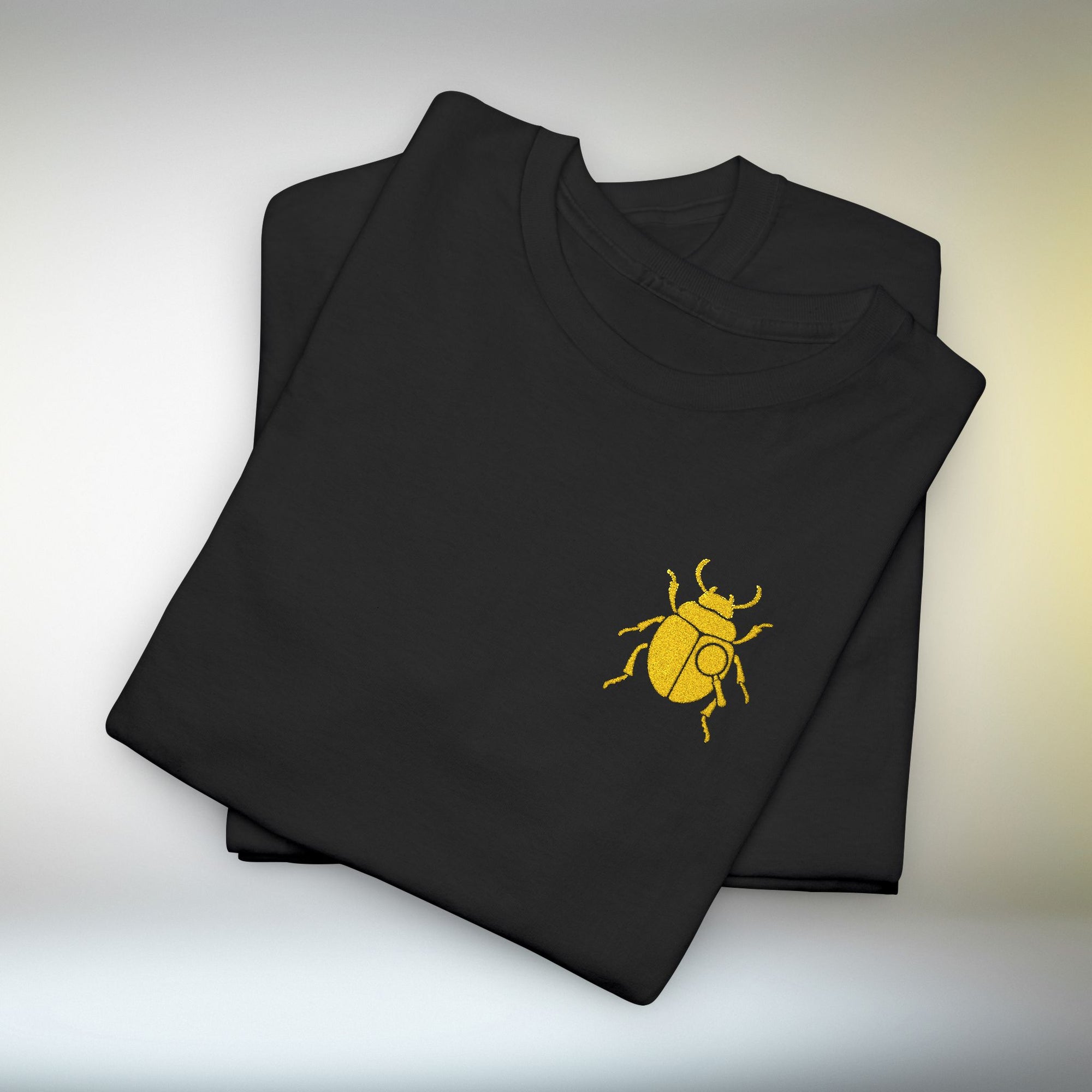 Gold Scarab Beetle Embroidered T-Shirt – Steampunk Insect Design, Unique Golden Bug Cotton Tee for Men & Women