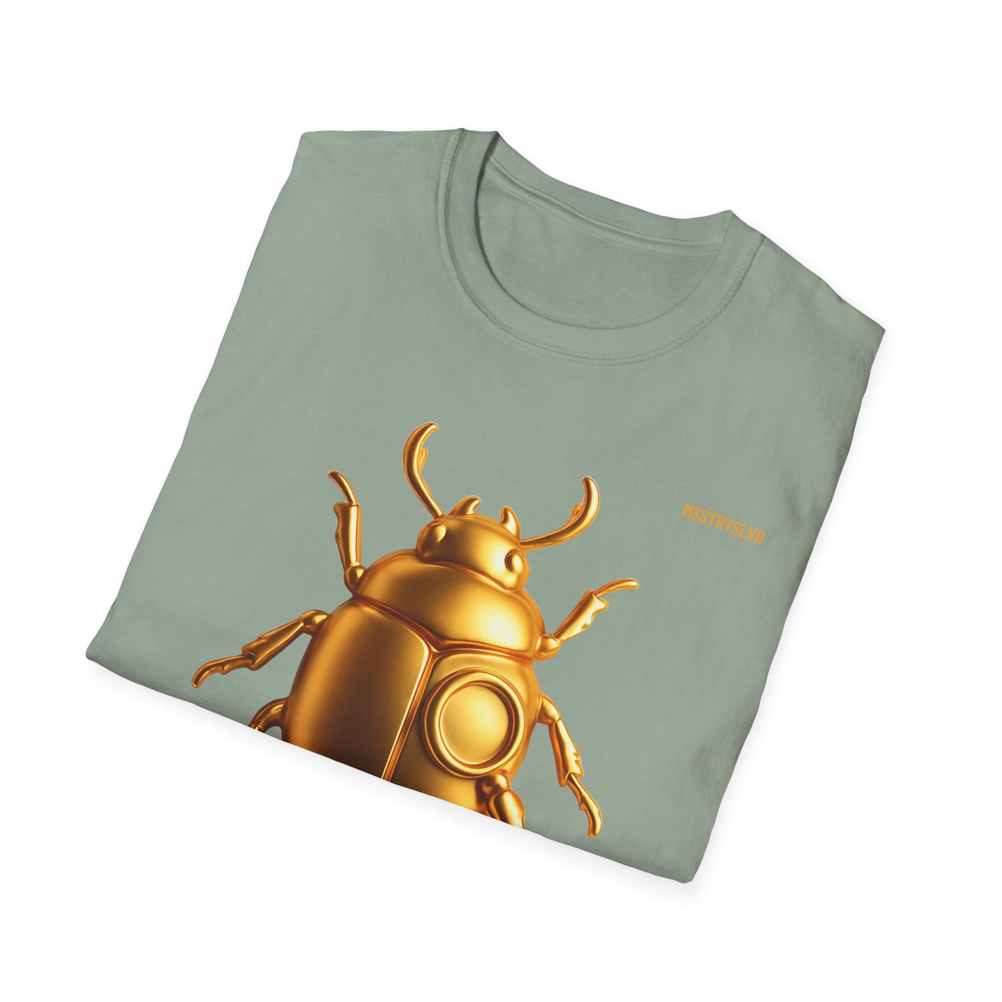 Gold Scarab Beetle T-Shirt – Futuristic Metallic Insect Graphic Print Tee | Golden Beetle Mystery | Streetwear Unisex T-Shirt