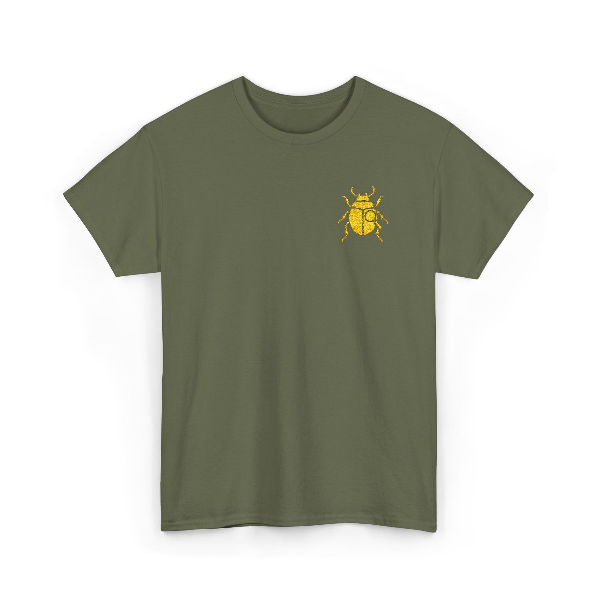 Gold Scarab Beetle Embroidered T-Shirt – Steampunk Insect Design, Unique Golden Bug Cotton Tee for Men & Women