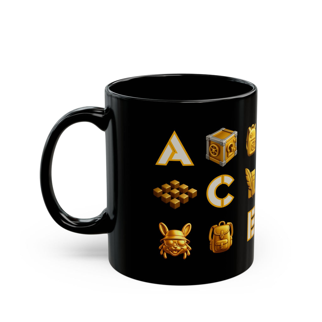 ACE Black Mug Golden Vault Game Symbols, Retro Gamer Puzzle Graphic Coffee Cup