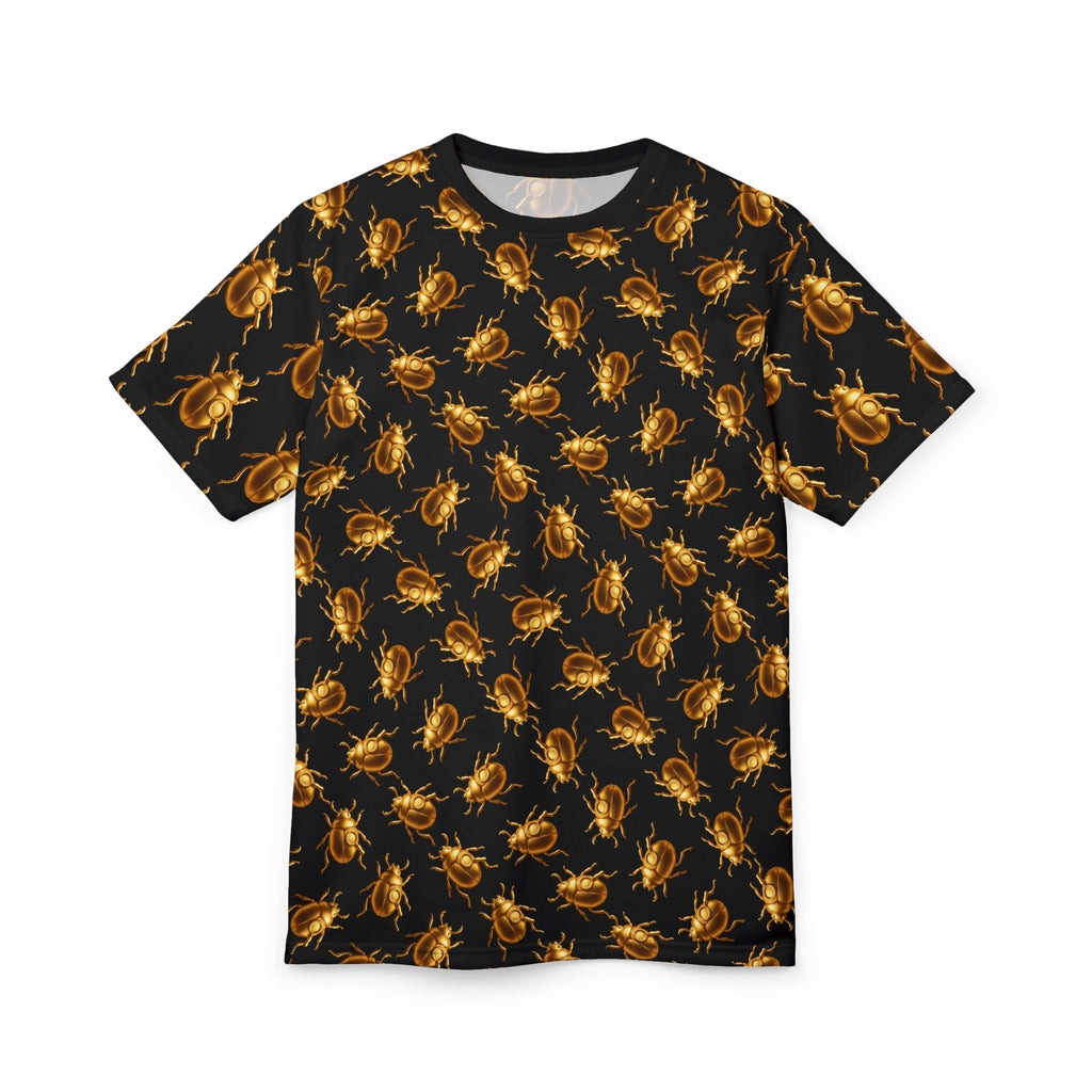 Golden Beetle T-Shirt II – Scarab Pattern Tee, Bold Full Graphic Shirt, Streetwear Unisex Cut & Sew Tee