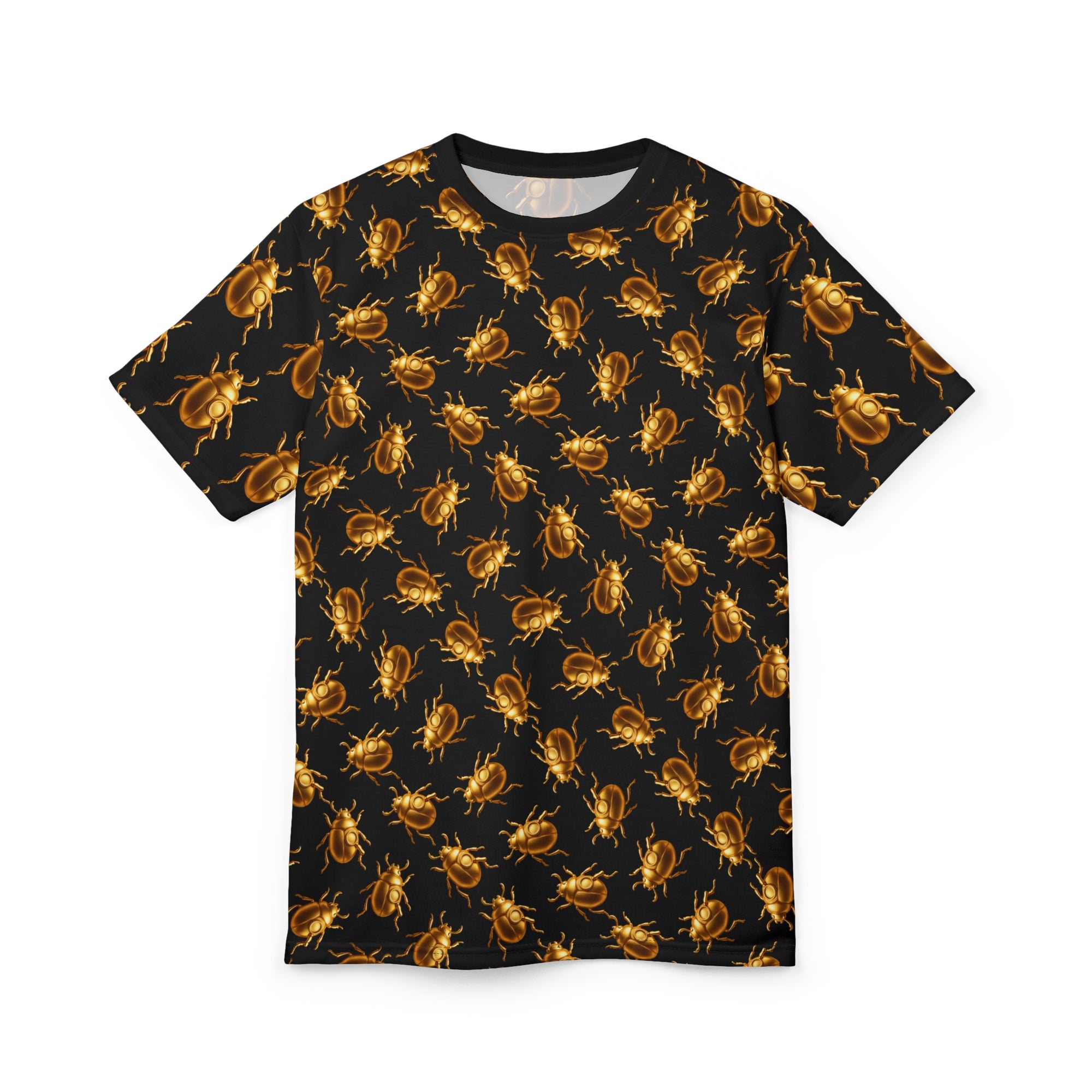 Golden Beetle T-Shirt II – Scarab Pattern Tee, Bold Full Graphic Shirt, Streetwear Unisex Cut & Sew Tee