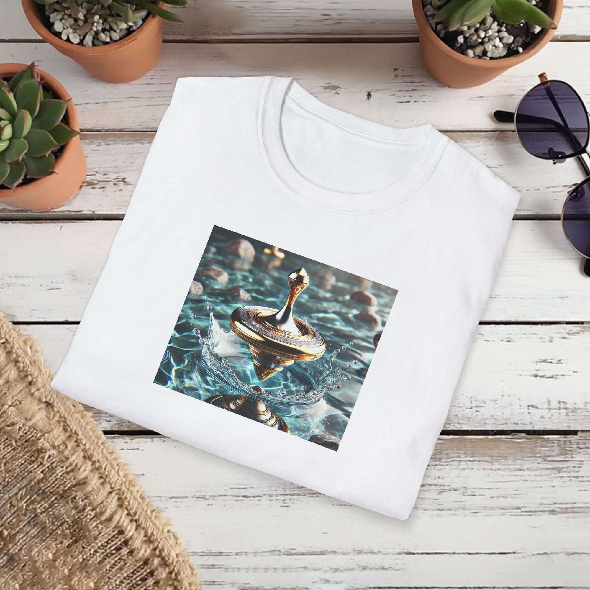 Golden Motion T-Shirt – Lux Surreal Spinning Top Art | Balance & Brilliance Graphic Tee