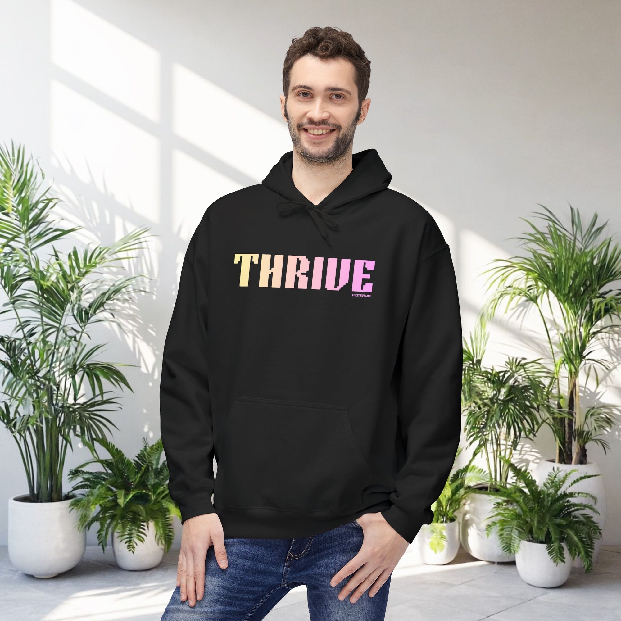 Thrive Bold Big Quote Hoodie | Positive Colorful Print Retro Graphic Pullover