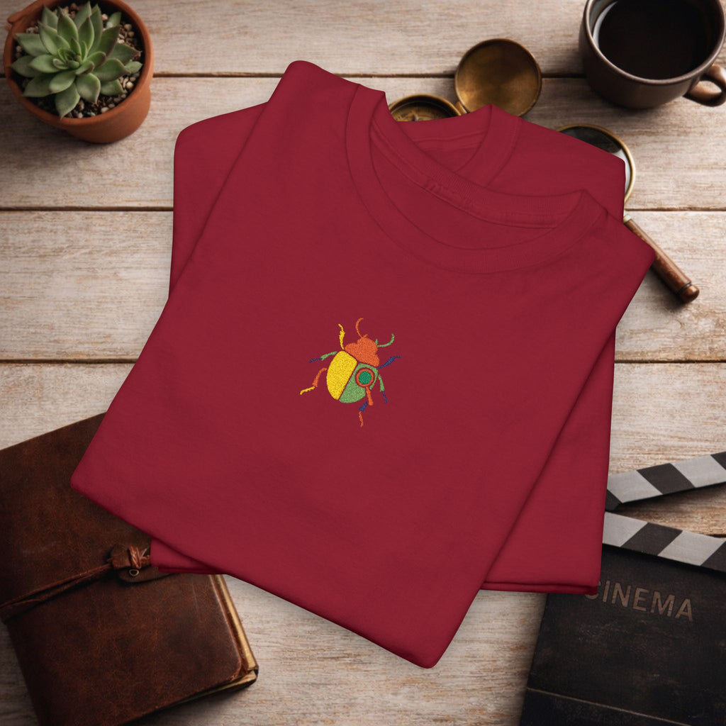 Embroidered Minimal Beetle T-Shirt | Unisex Tee Small Chest Color Block Embroidery | Aesthetic Insect Graphic Shirt