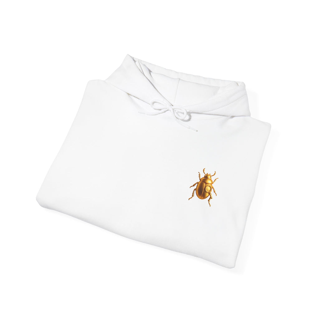 Gold Scarab Beetle Hoodie – Futuristic Steampunk Insect | Unisex Heavy Blend Hooded Sweatshirt Front and Back Graphic