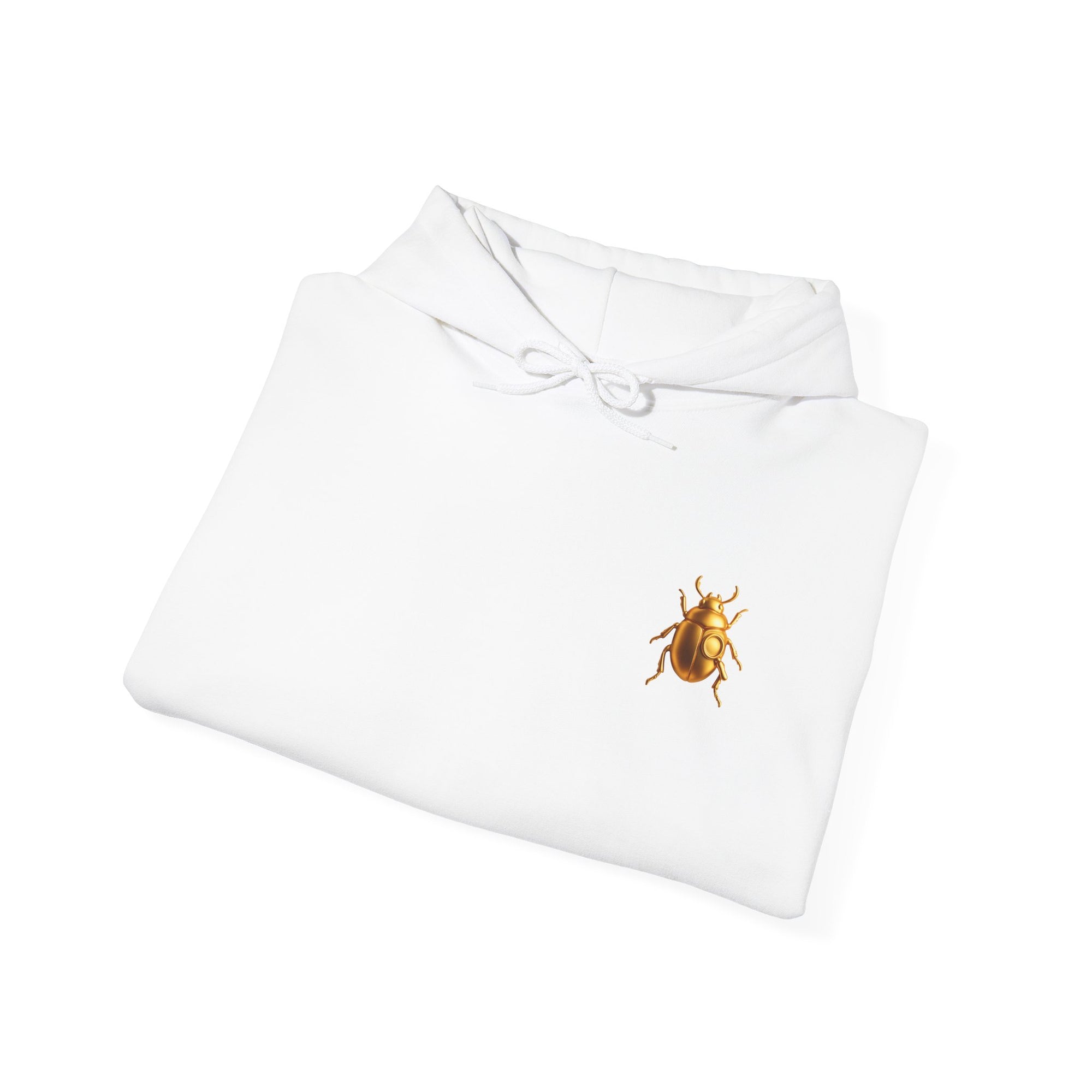 Gold Scarab Beetle Hoodie – Futuristic Steampunk Insect | Unisex Heavy Blend Hooded Sweatshirt Front and Back Graphic