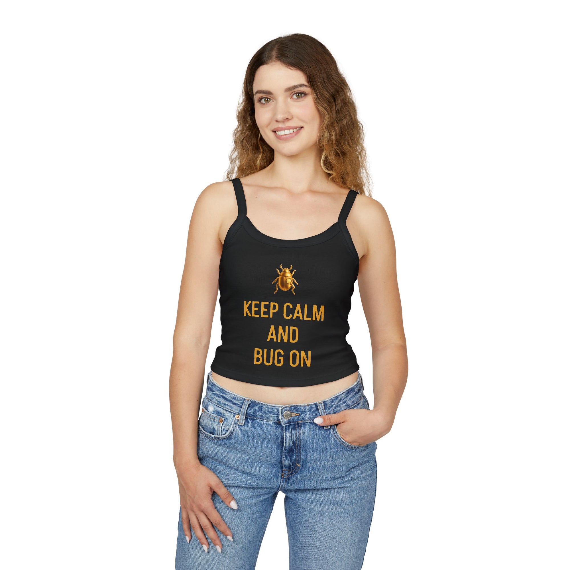 “KEEP CALM AND BUG ON” CROP TANK Golden Beetle Edition - Women's Spaghetti Strap Tank Top