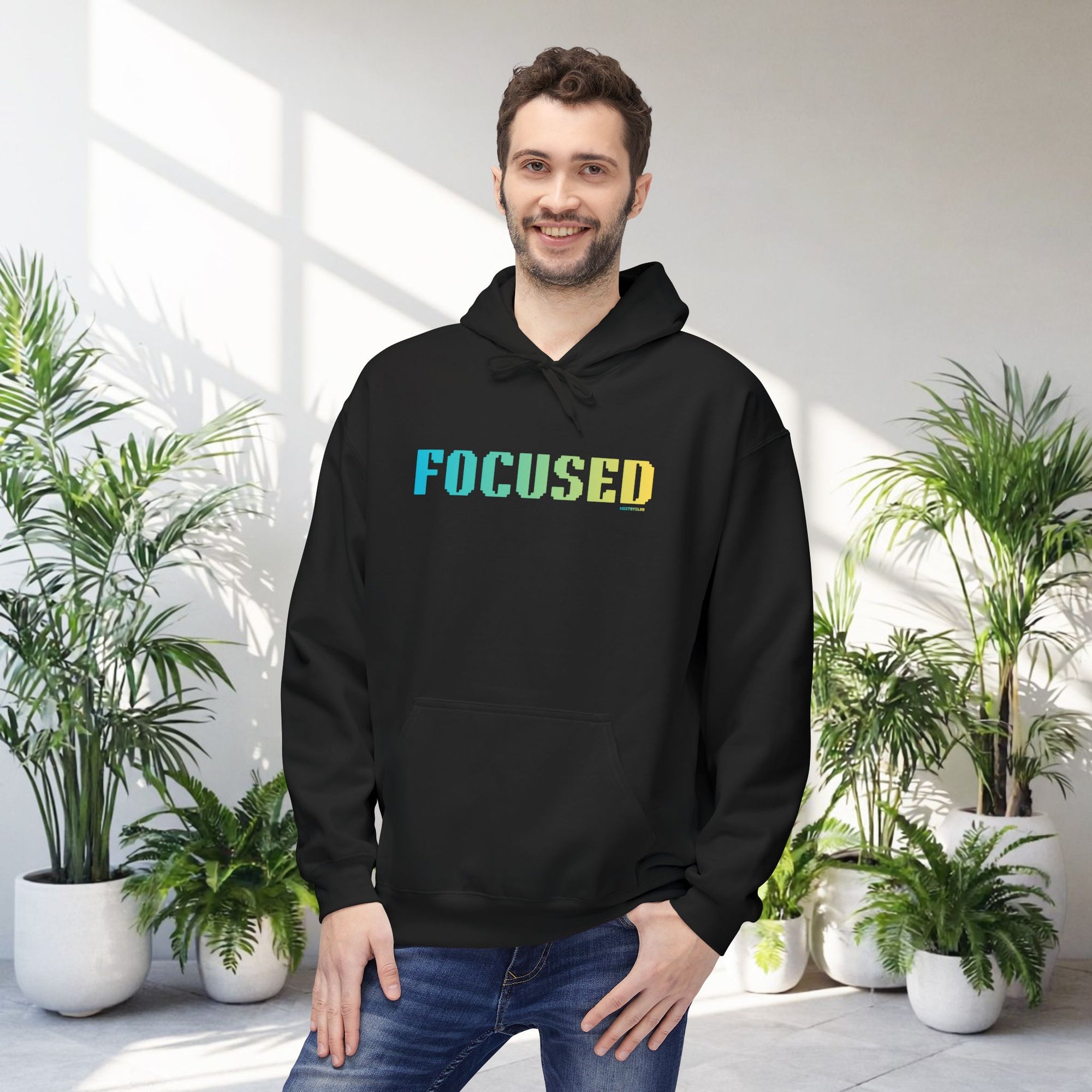 Focused Bold Big Quote Hoodie | Bold Colorful Print Retro Graphic Pullover