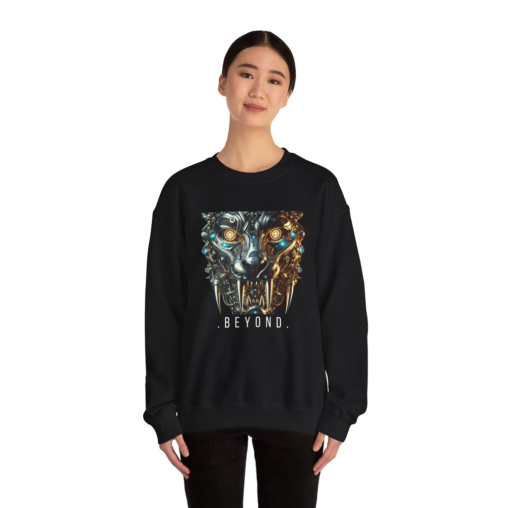 Beyond Cyber Wolf Sweatshirt | Futuristic Mechanical Wolf Graphic Crewneck, Sci-Fi Streetwear Unisex Jumper