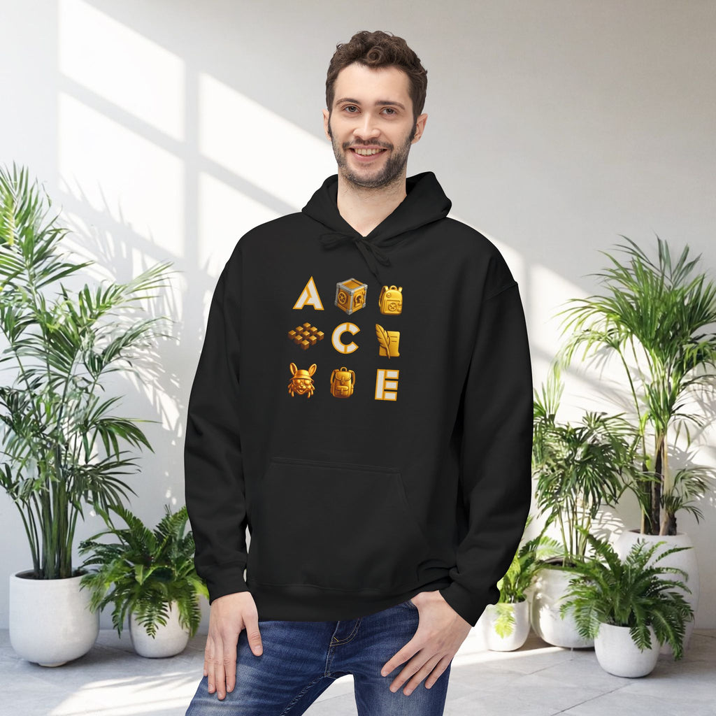 ACE Icon Hoodie – Golden Vault Game Symbols, Retro Gamer Puzzle Graphic Hoodie