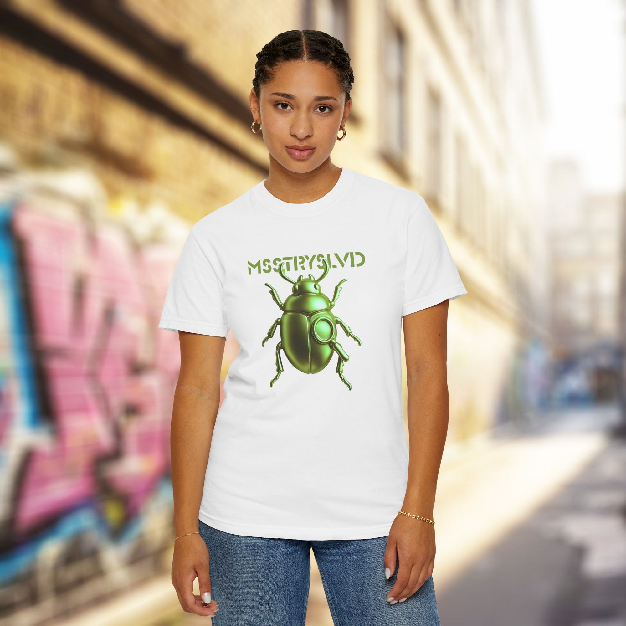 Cyber Beetle Graphic T-Shirt – Futuristic Insect Streetwear Tee, Neon Green Bug Design Techwear Top For Men & Women