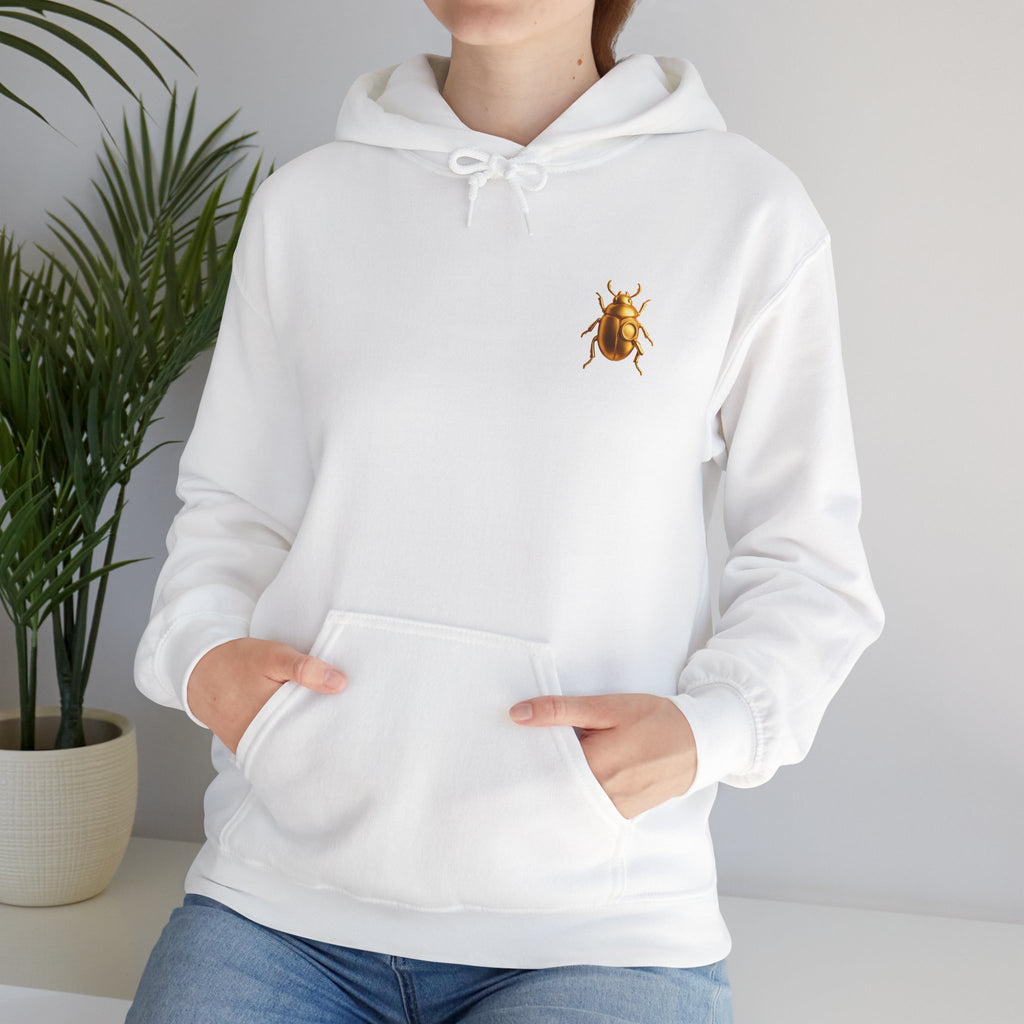 Gold Scarab Beetle Hoodie – Futuristic Steampunk Insect | Unisex Heavy Blend Hooded Sweatshirt Front and Back Graphic