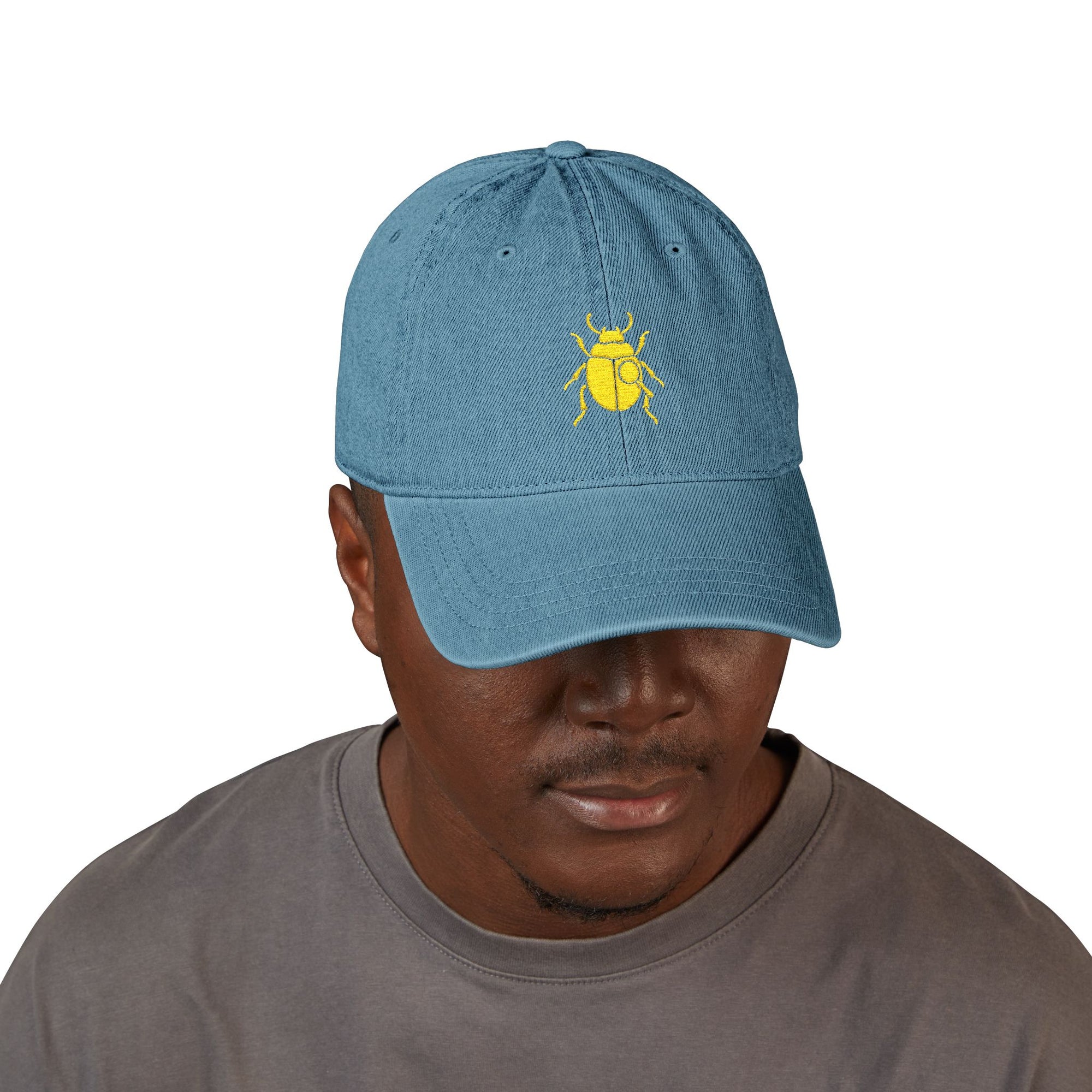 Denim Cap with Gold Beetle Embroidery – Retro Bug Design, Cool Streetwear Golden Insect Aesthetic Cap