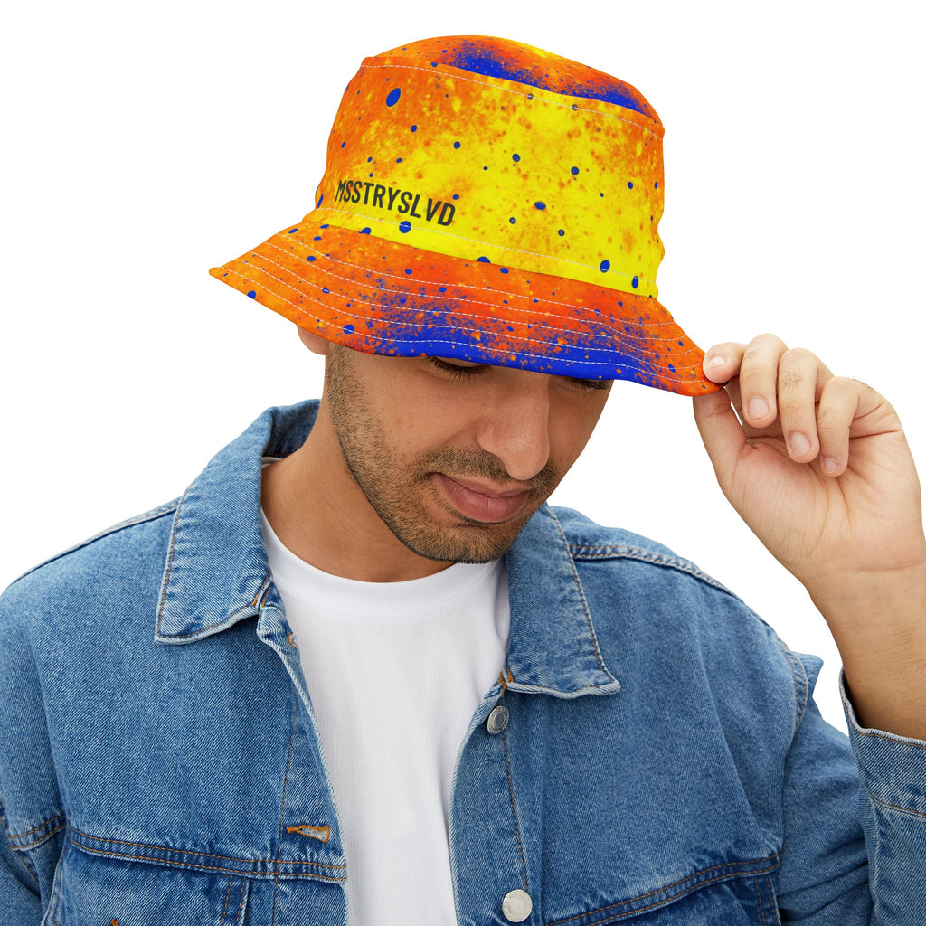 SUNSET Color Splash Bucket Hat in Neon Yellow Orange Blue | Reversible Festival Hat | Vibrant Paint Splatter Design Streetwear