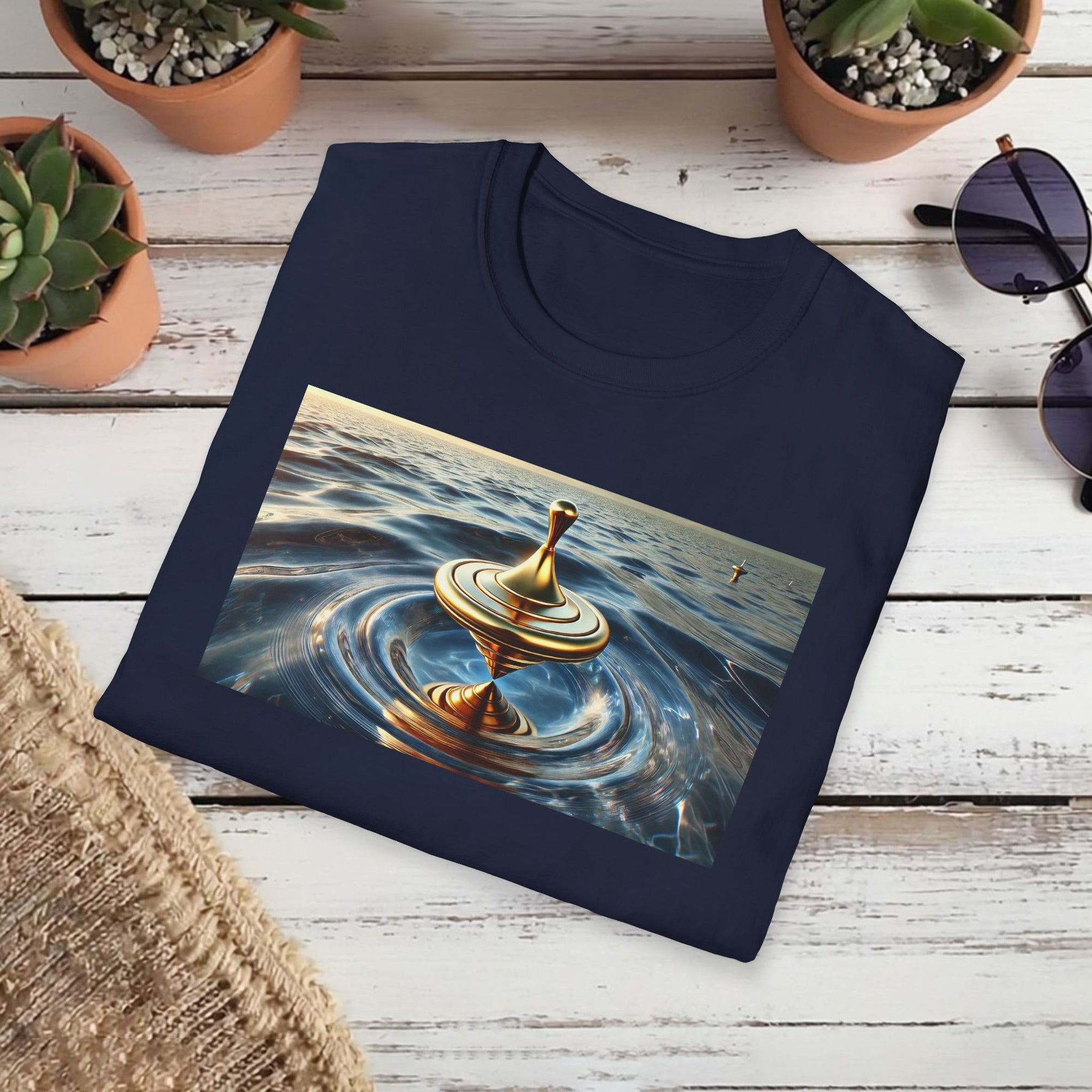 Golden Balance T-Shirt – Surreal Spinning Top Over Water | Reflective Zen Aesthetic Tee