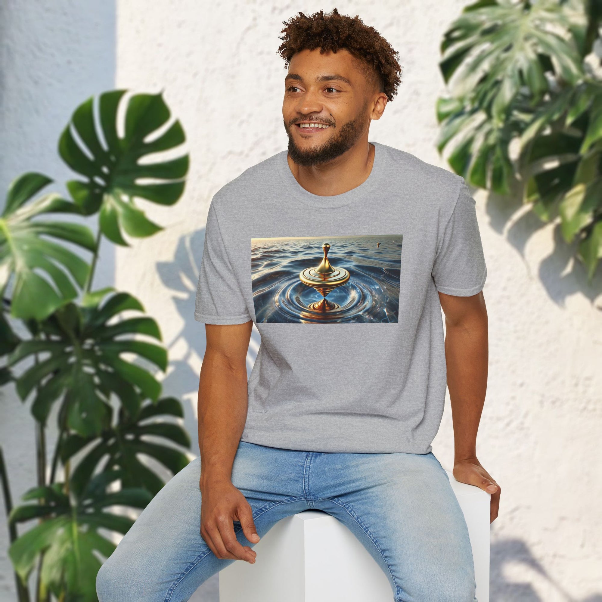 Golden Balance T-Shirt – Surreal Spinning Top Over Water | Reflective Zen Aesthetic Tee