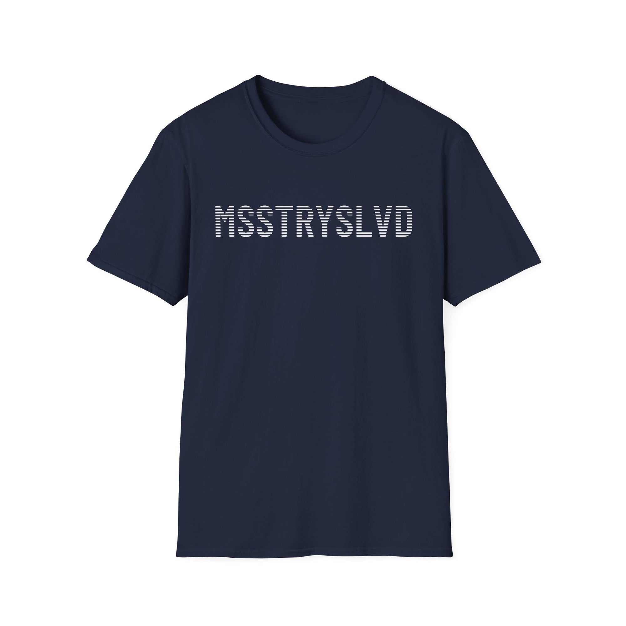 MSSTRYSLVD Word Stripe Graphic T-Shirt – Industrial Font Design Tee, White Bold Text Unisex Shirt, Typography Lovers Gift, Minimalist Urban Style