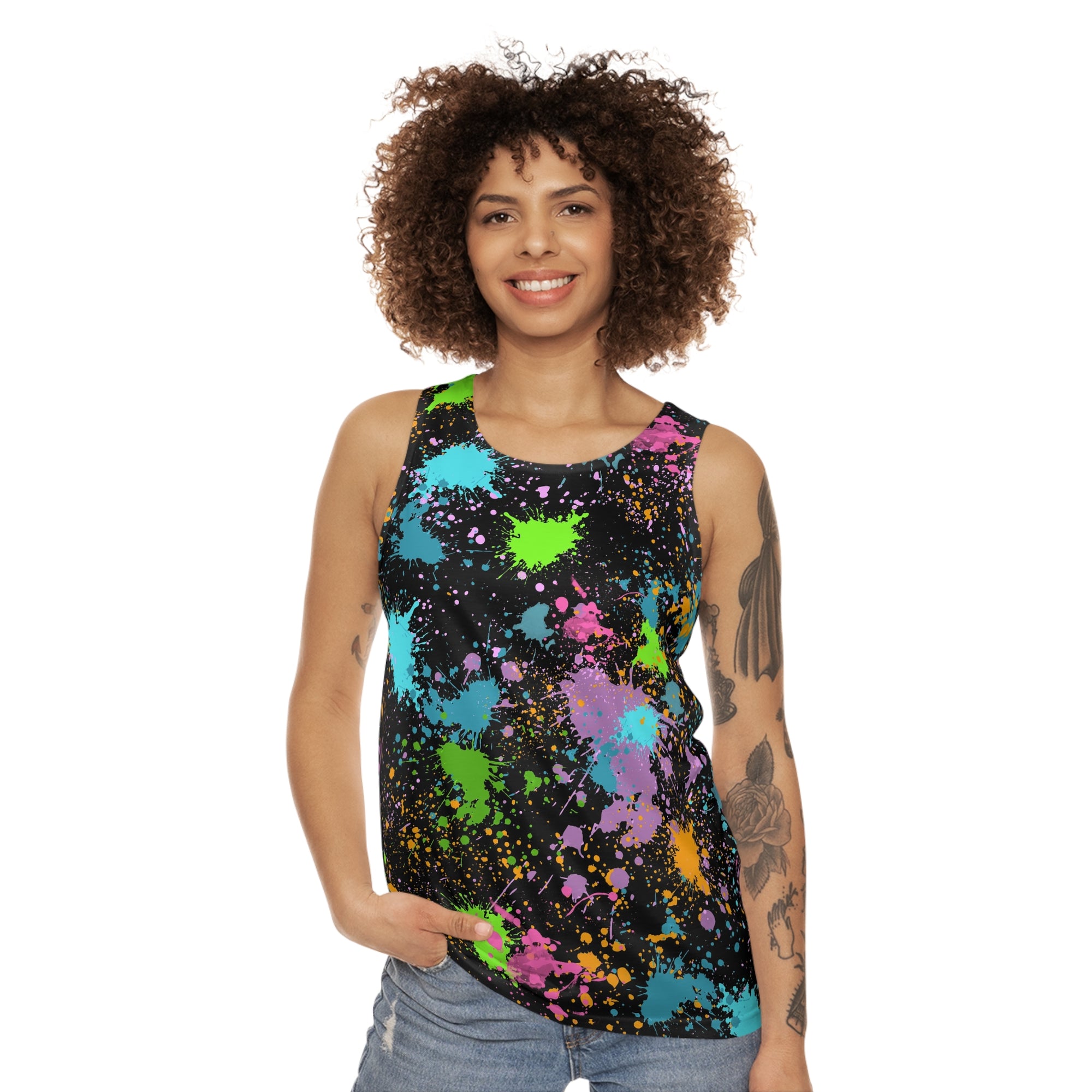 Unisex Tank Top Neon Paint Splatter | Colourful Graphic Top Festival Rave Streetwear